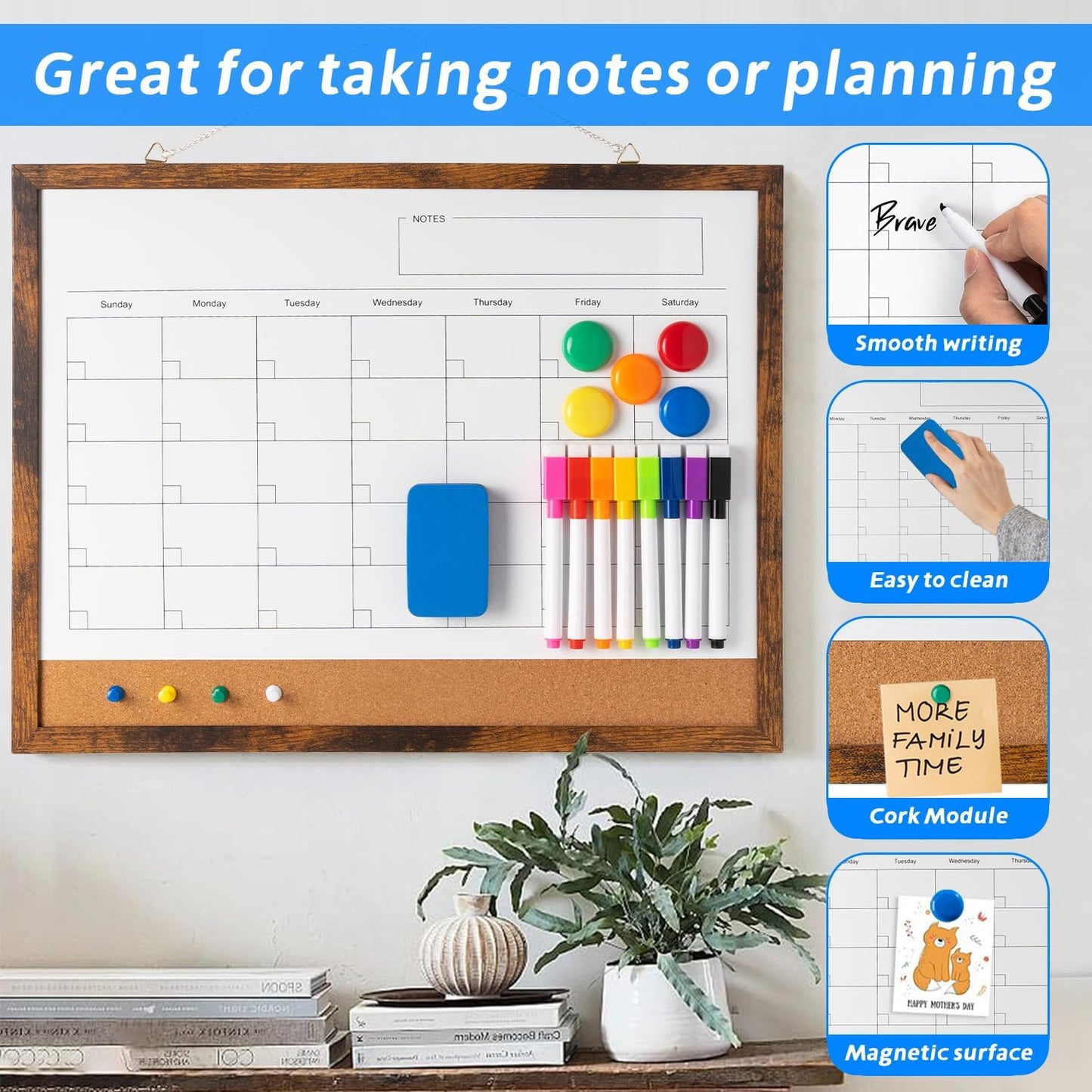 Dry Erase Calendar Whiteboard, 17" x 13" Magnetic Whiteboard Cork Board Combo, Reusable Monthly Planner with 8 Markers, Eraser, Magnets and Pushpins, Hanging Dry Erase Board for Home, School - Brown