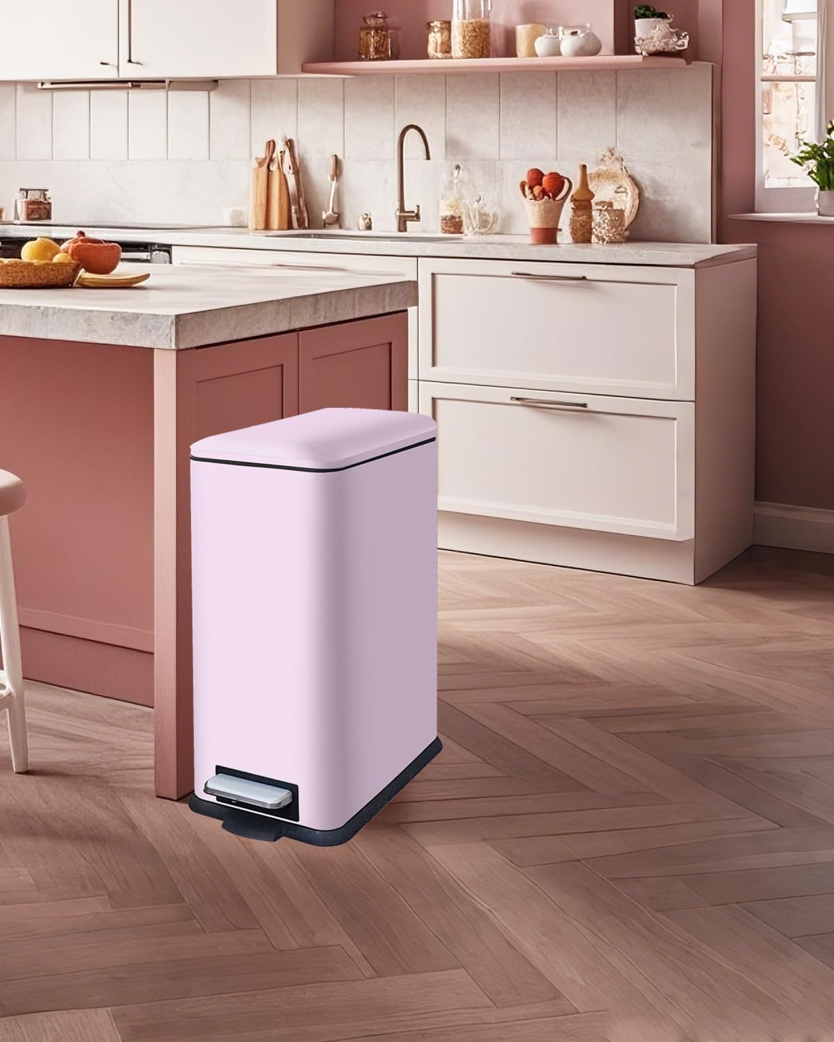 12 Gallon Slim Kitchen Trash Can, Stainless Steel Trash Can with Removal Inner Bucket and Soft-Close Lid, Pedal Garbage Can 45 Liter, Pink