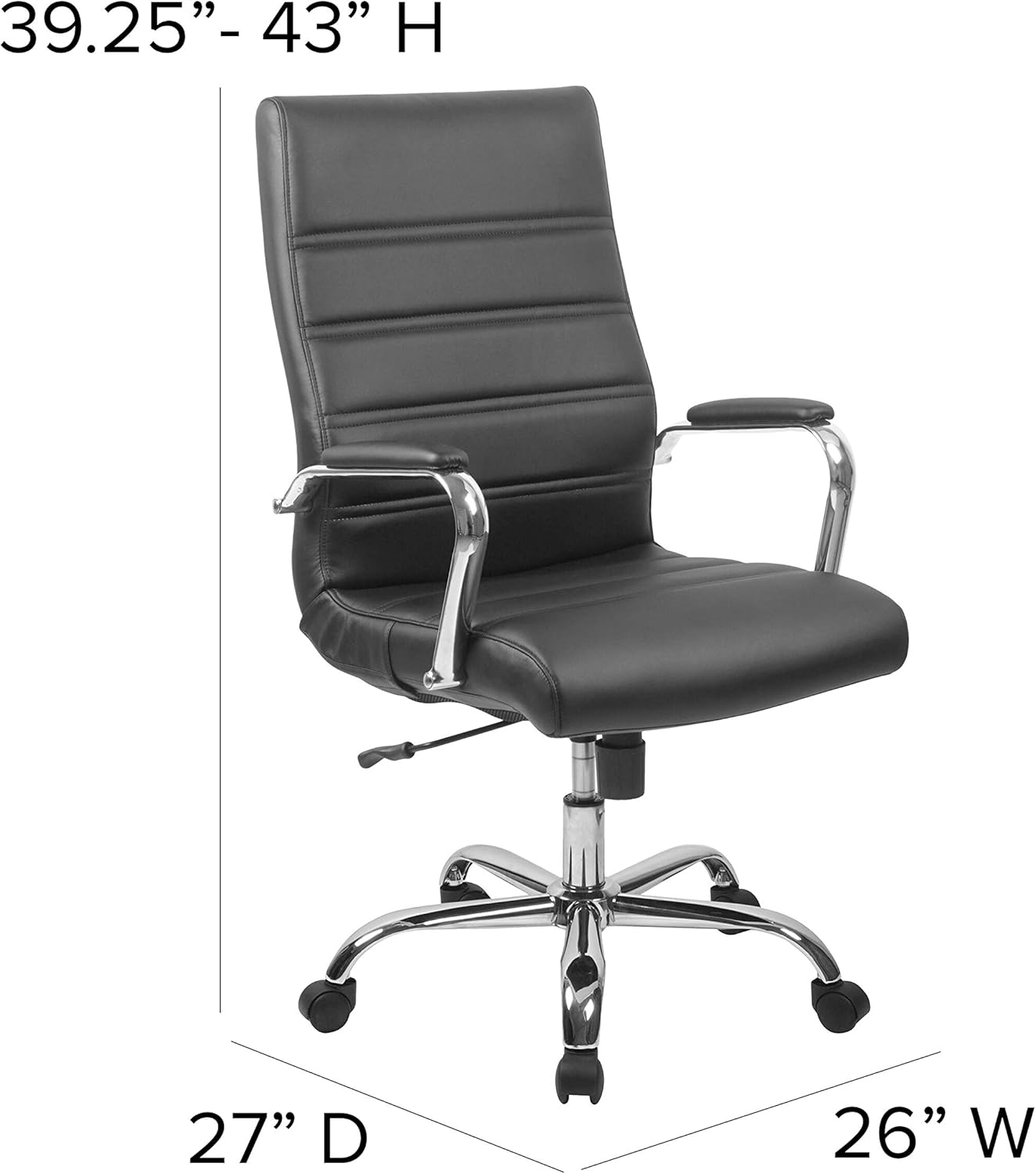 Flash Furniture Whitney High-Back Swivel LeatherSoft Desk Chair with Padded Seat and Armrests, Adjustable Height Padded Office Chair, Black/Chrome