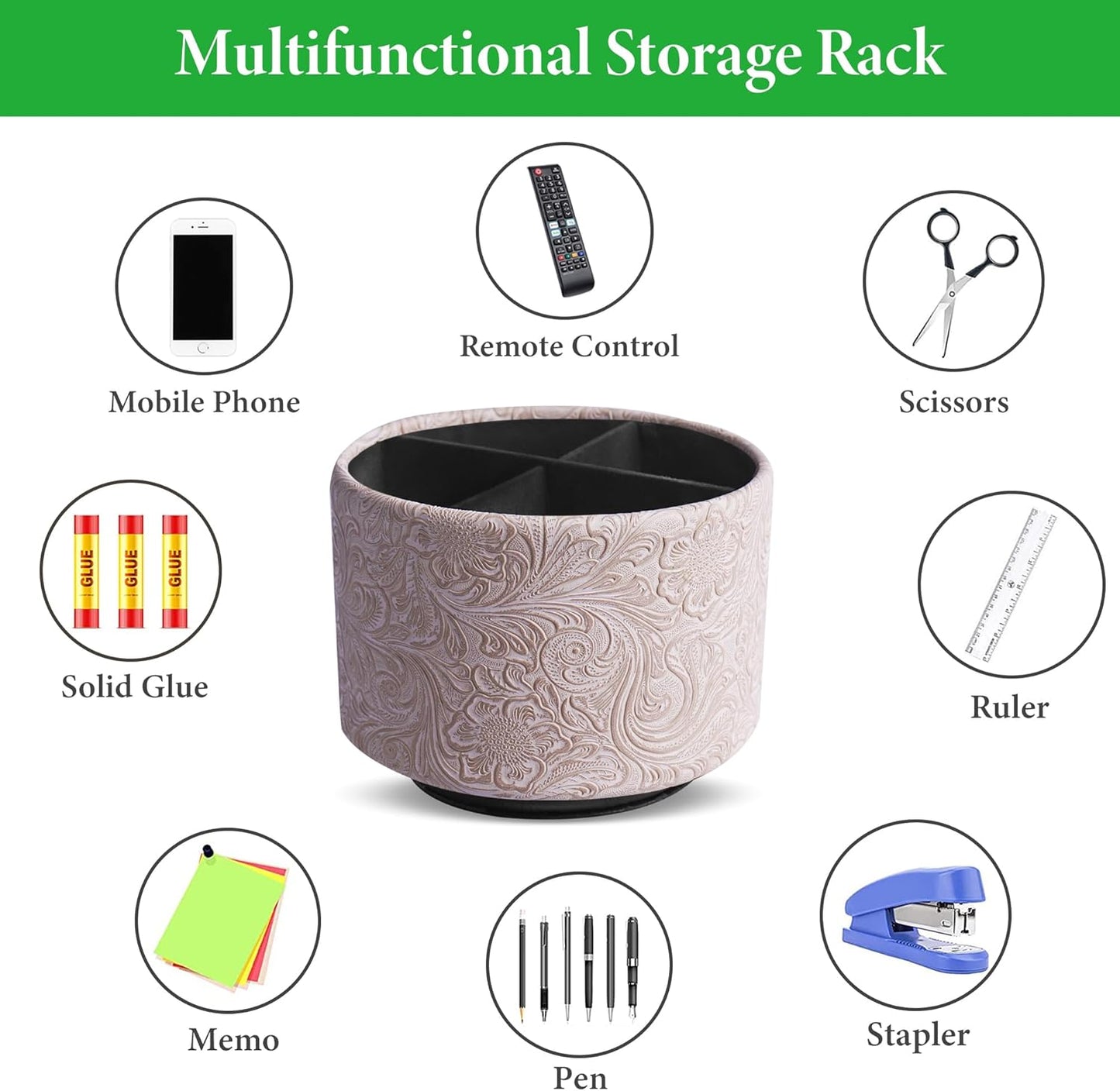 lizimandu Round Leather Art Supply Organizer,Remote Control Holder,360 Degree Spinning,Multi-Functional Pencil Holder,4 Compartments Desktop Stationary Organizer(1-Carved White)