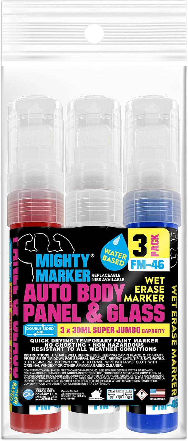 FM-46 Auto Body and Glass Super Jumbo Paint Marker, No-Ghost Formula, Water-Resistant, Valve Action, Removable, Water-Based, 30ml Capacity, Made in USA, Assorted 3 Pack