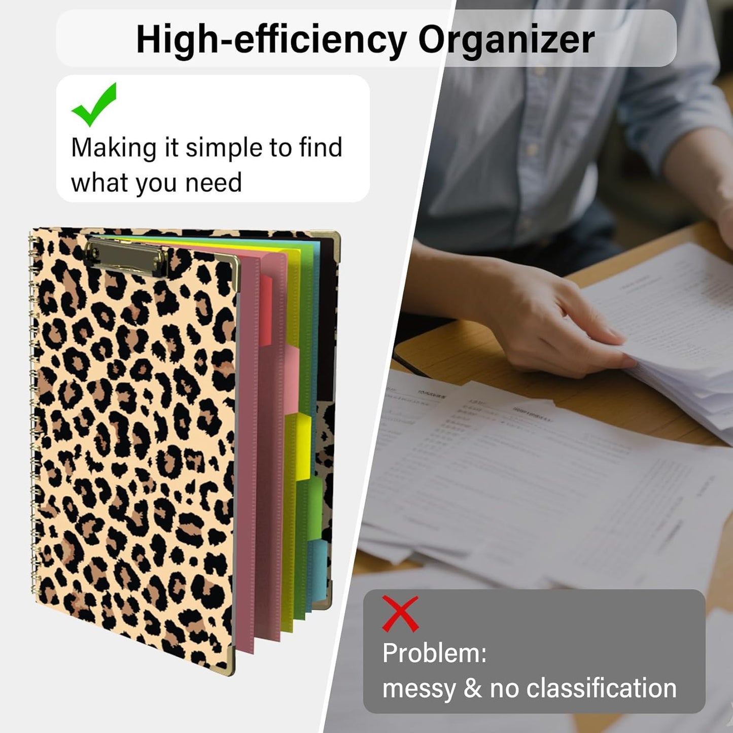 Foldable Clipboard Folio with Storage, 5 Plastic Folders with 10 Pockets,Refillable Lined Notepad (11" x 8.5"), Hardcover Project Organizer Nursing Teacher School Essentials(Cheetah Spots)