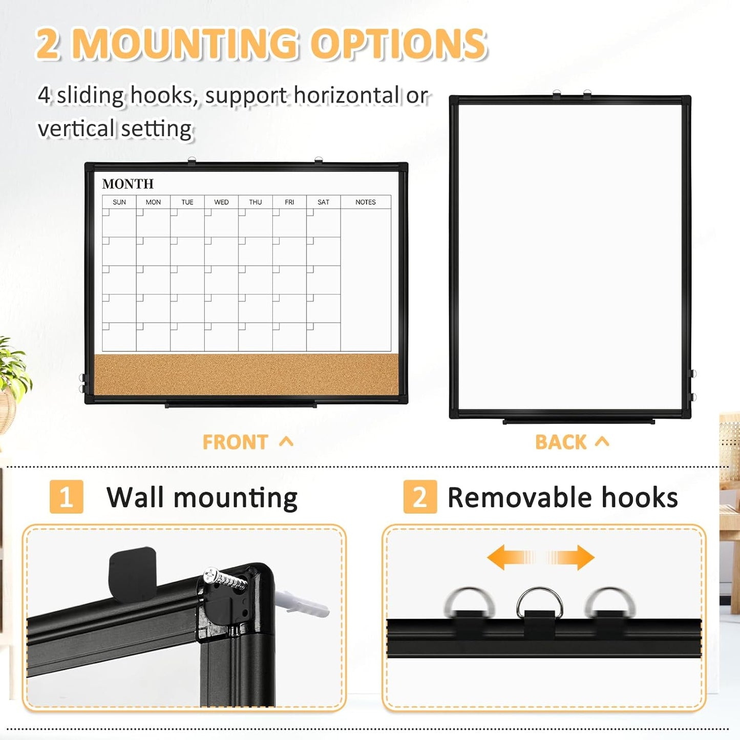 Dry Erase Calendar Board for Wall, 24"x18" Magnetic Whiteboard Calendar Double-Sided Monthly White Board with Cork Board, Black Aluminum Frame Memo Message Board for Office, Home, School
