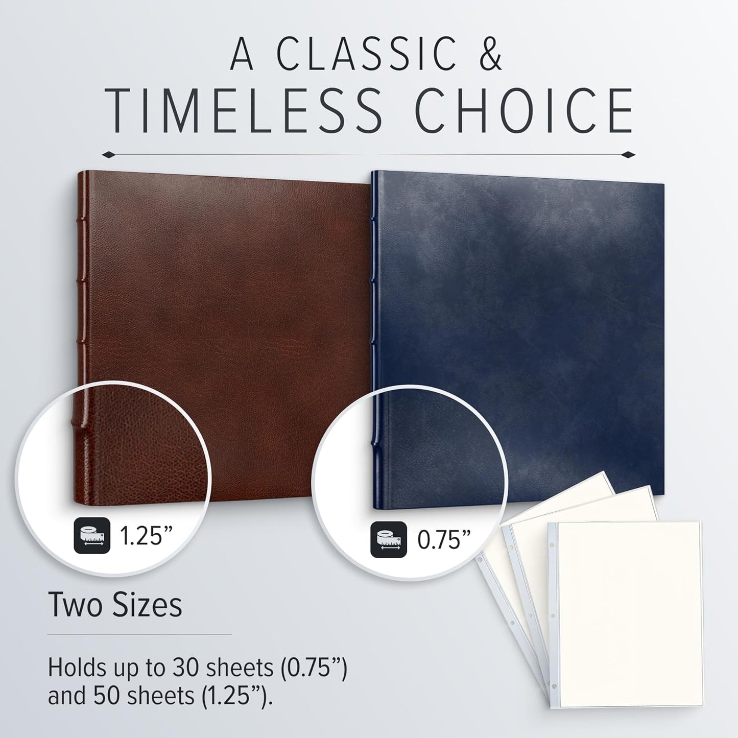 Gallery Leather 3 Ring Binder with Plastic Sleeves, Includes 10 Sheets, Sheet Size: 8.5" x 11" - Presentation Binder Rings with Window and Hubbed Spine, Thick: 1.25" Freeport Mocha