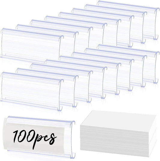 100Pcs Shelf Label Holder, Basket Labels Clip On Shelf Labels for Storage Bins, Wire Shelfs Clips with Labels Paper Inserts Merchandise Sign Display Holder Compatible with 1-1/4 Inch Shelve