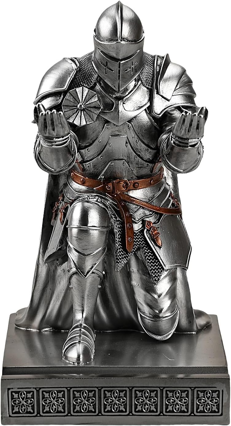 Medieval Armored Warrior Wearing Outerwear, Mobile Phone Stand Knight Pen Holder Desk Organizers, Resin Bookends Paperweight with a Letter Opener for Desk (Silver)