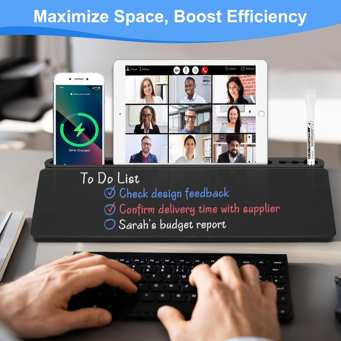 Desktop Glass Whiteboard with Storage, Desk Board with Computer Keyboard Stand, White Dry Erase Board with Drawers for Home, School, Office Desk Organizers and Accessories - Black