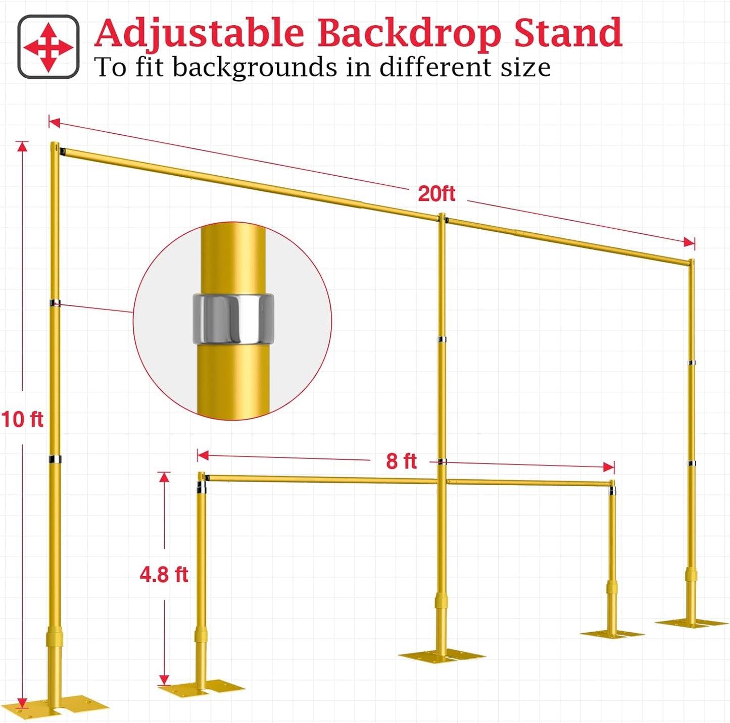 EMART Backdrop Stand Heavy Duty 10ftx20ft, Adjustable Pipe and Drape Photo Background Support Kit, Metal Frame with Flat Base for Wedding Birthday Party Banquet Decorations-Gold