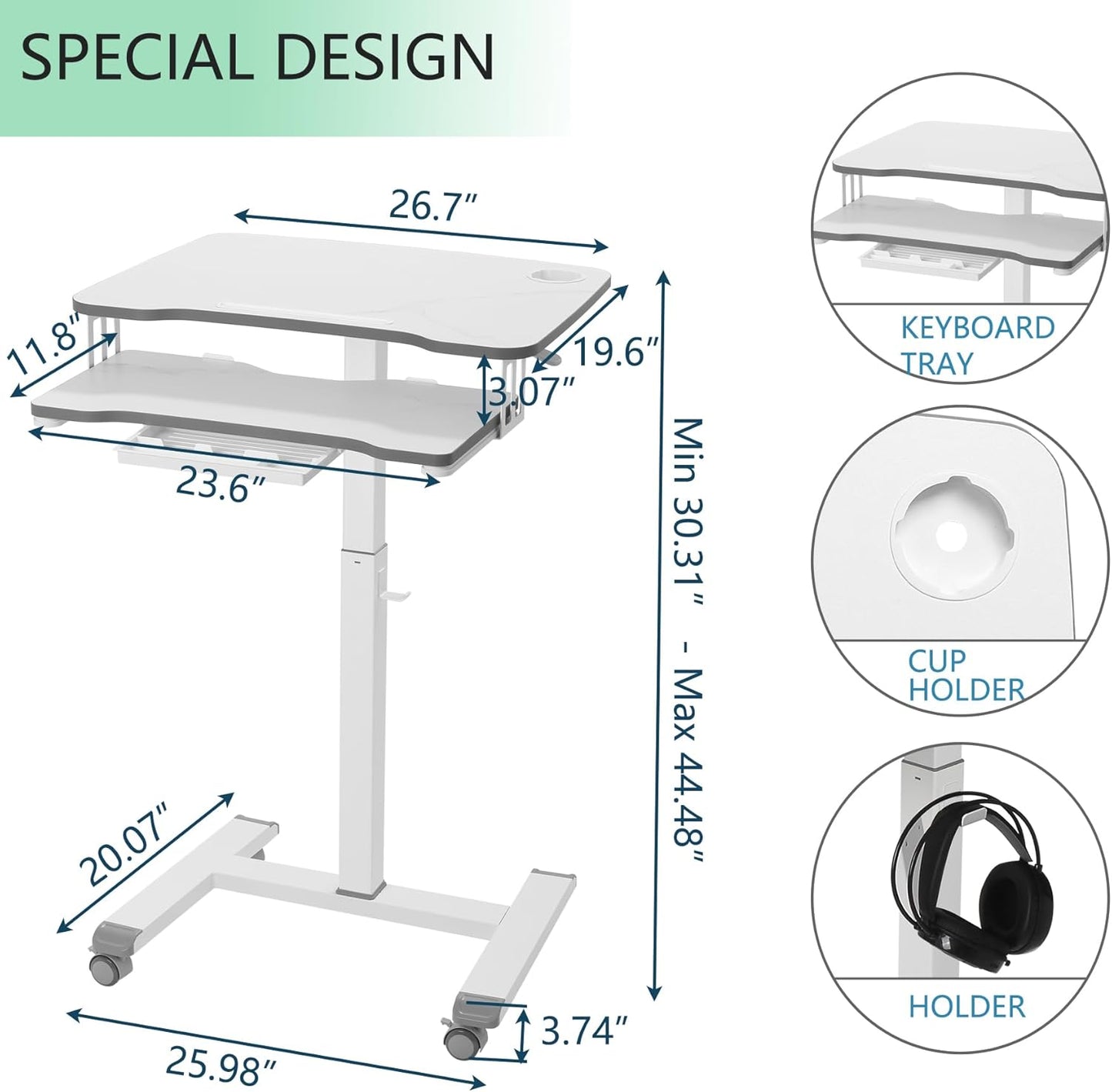 ETHU Mobile Standing Desk with Keyboard Tray,Computer Workstation, Height Adjustable Laptop cart on Wheels Rolling Desk for Home Office(White)