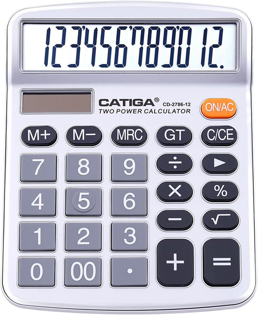 CATIGA 12 Digits Desktop Calculator with Large LCD Display, Dual Solar Power and Battery, Standard Function for Office, Home, School, CD-2786