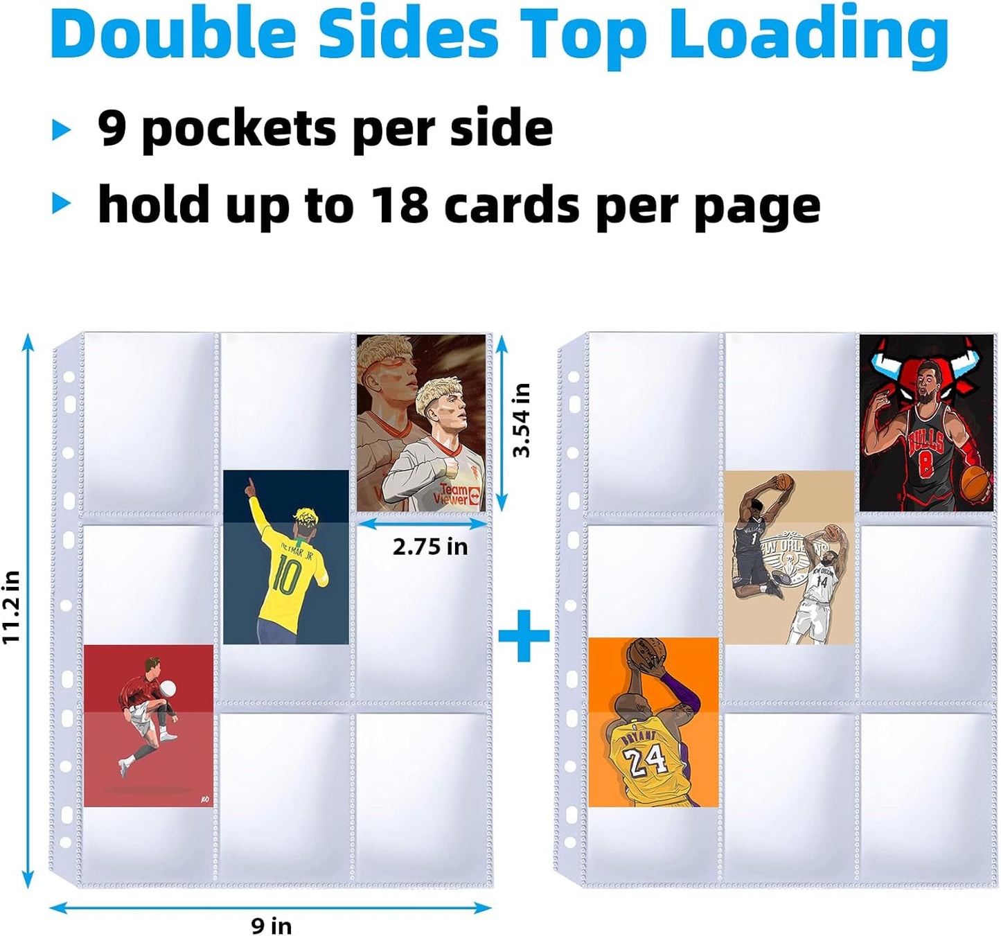 60 Pack 9 Pocket Card Sleeves Binder Sheets，Holds 1080 Cards, Clear Trading Card Sleeve Pages Protector for 3 Ring Binder, Fit for Baseball,Football,Game,Business Cards