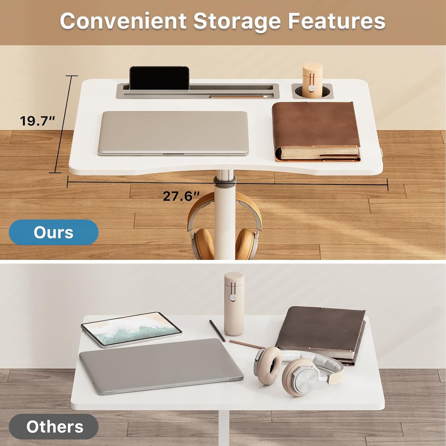 Mobile Standing Desk, 28 inch Rolling Standing Laptop Desk with Cup Holder, Mobile Desk Workstation with Wheels, Portable Computer Desk Cart with Hook for Home Office, White