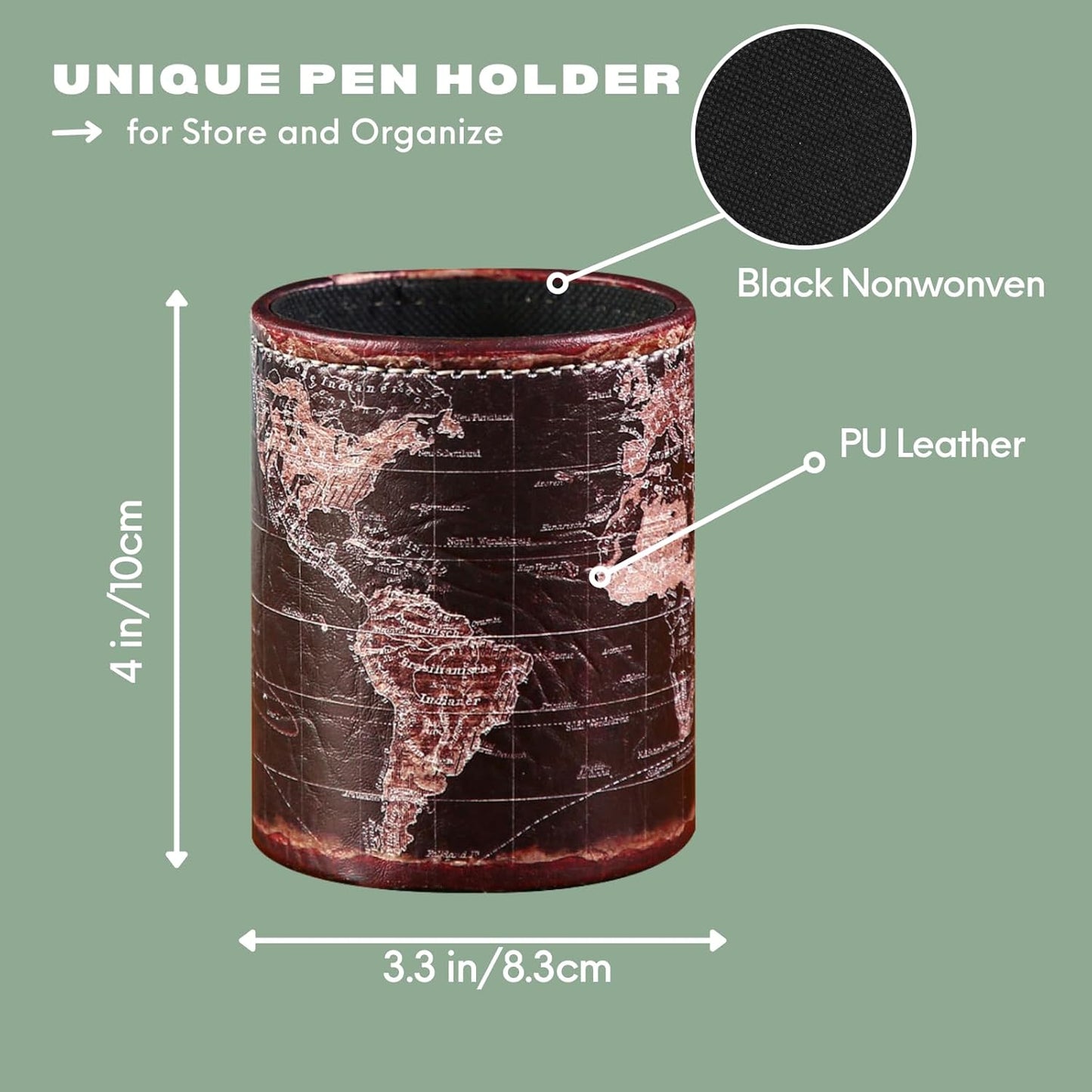 Black World Map Pencil Holder for Desk, PU leather Pencil Cup, Globe Pen Holder for Desk Office Supply Organizer PH46