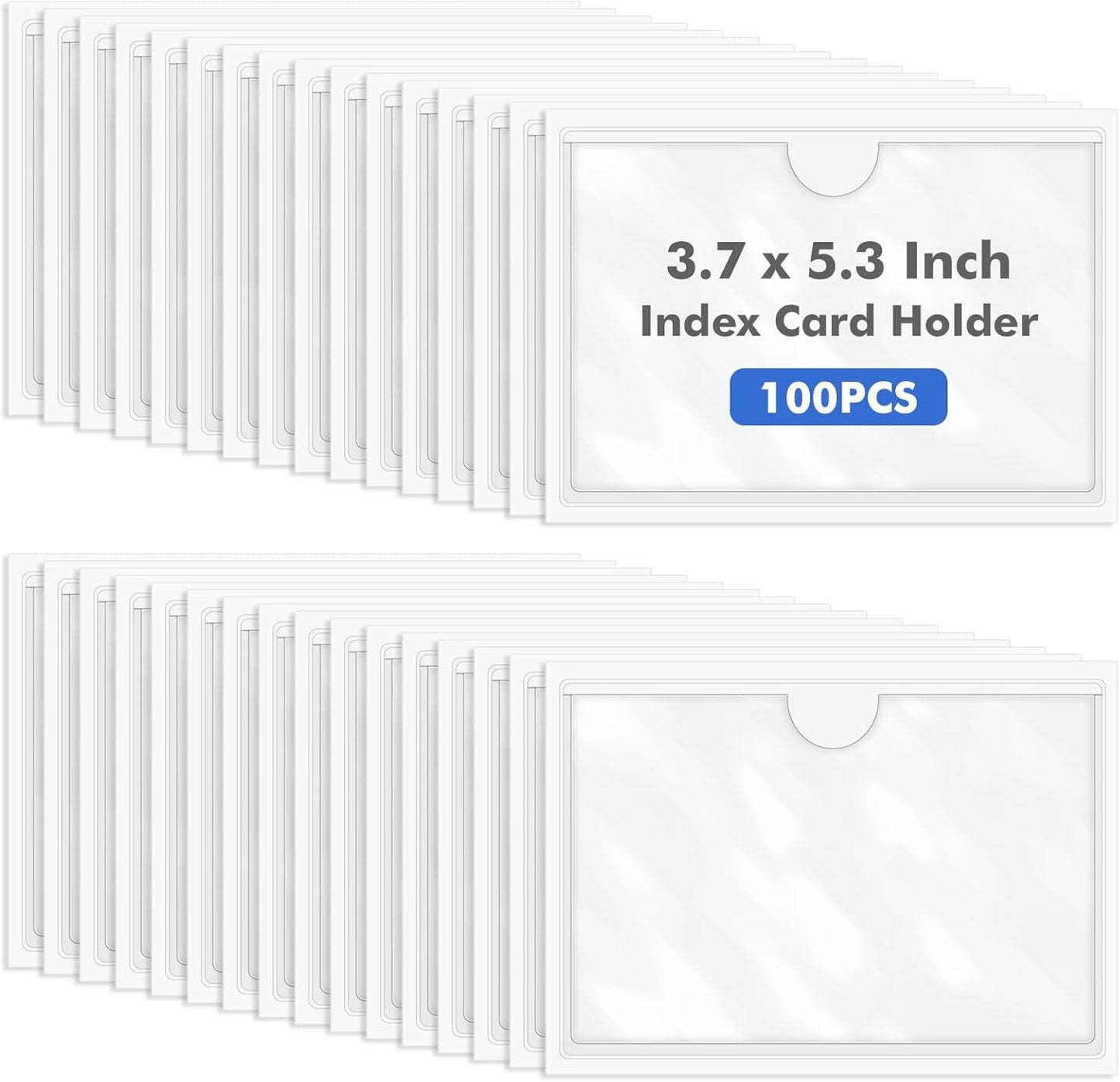Circloophs 100 Packs Self Adhesive Index Card Pockets for 3”x 5” Card, Adhesive Label Holders with Top Open - 3.7”x 5.3” Clear Adhesive Label Pockets for Storage Bins, Locker, Shelves, Library, Office