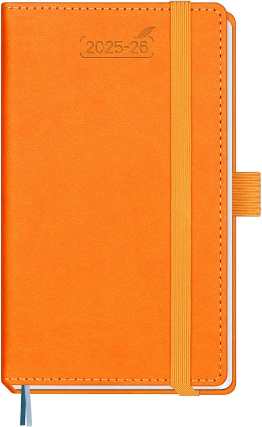 BEZEND Pocket Planner 2025-2026 Weekly and Monthly, 3.5" x 6" Academic Planner (Jul 25-Dec 26) 18-Month Mid-Year Calendar Book, Storage Pocket, Pen Holder, PU Leather Hardcover - Orange