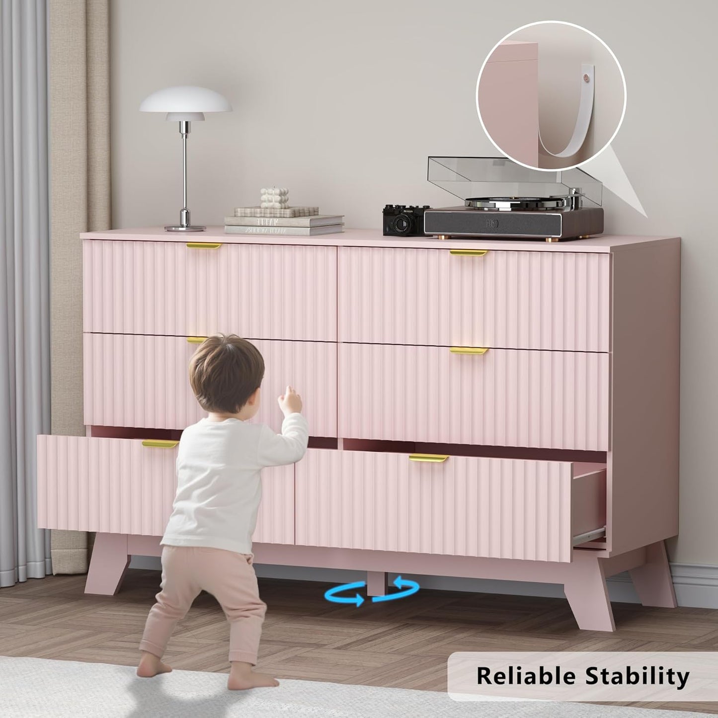 Fluted 6 Drawer Dresser, 47.2" Wide Modern Boho Chest of Drawers, Wooden Storage Dresser TV Stand for Bedroom, Living Room, Closet, Hallway, Curved Profile Design