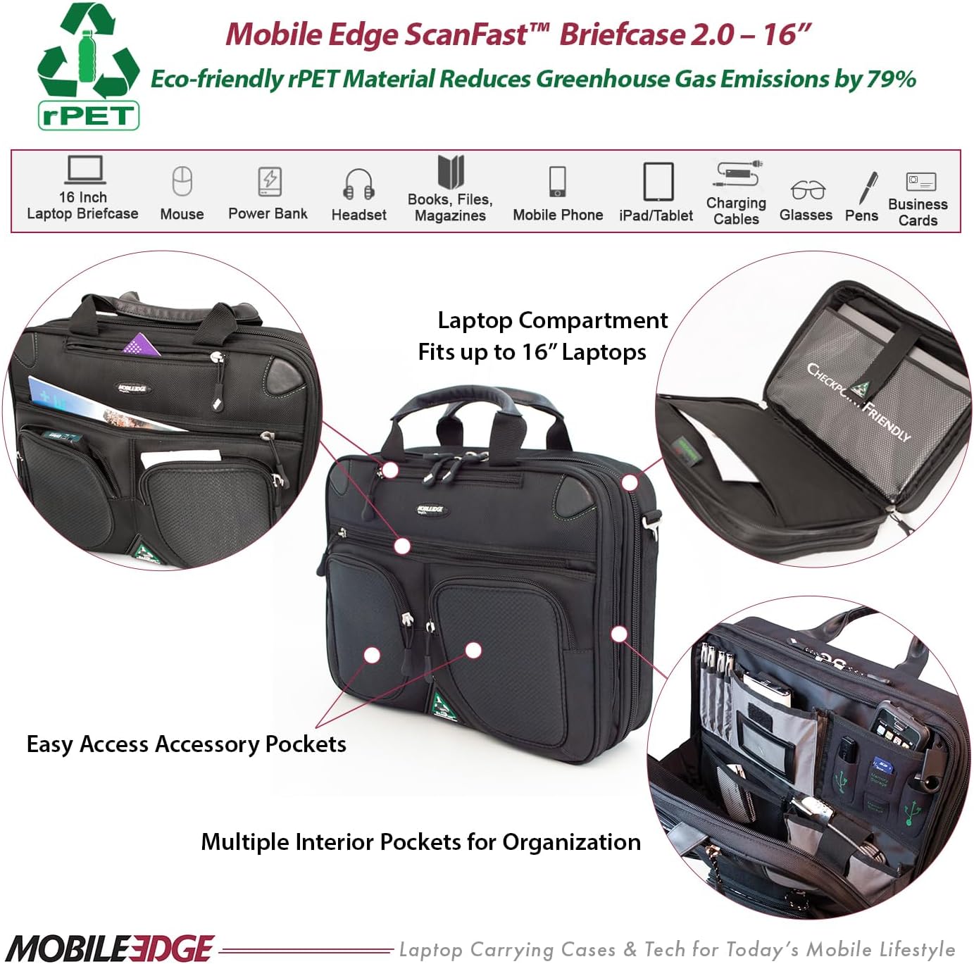 Mobile Edge ScanFast Laptop Briefcase Bag for Men and Women, for 16" PC and Compatible with MacBook 17", TSA Checkpoint Friendly, Black