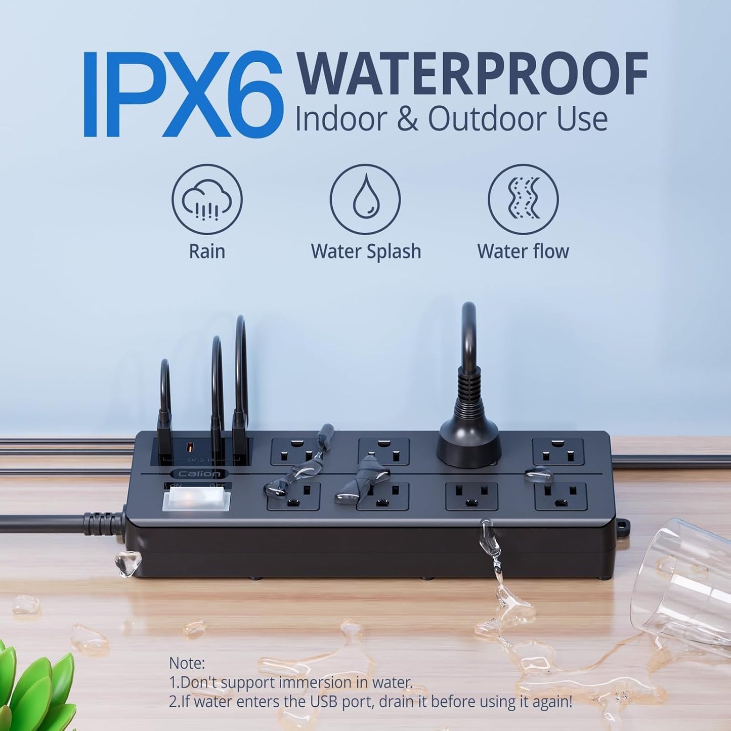 IPX6 Outdoor Power Strip Weatherproof, Waterproof Surge Protector with 8 Wide Outlet with 2A2C USB Ports, 15FT Long Extension Cord, Wall Mountable for Outside Decorations and More UL Listed(Black)