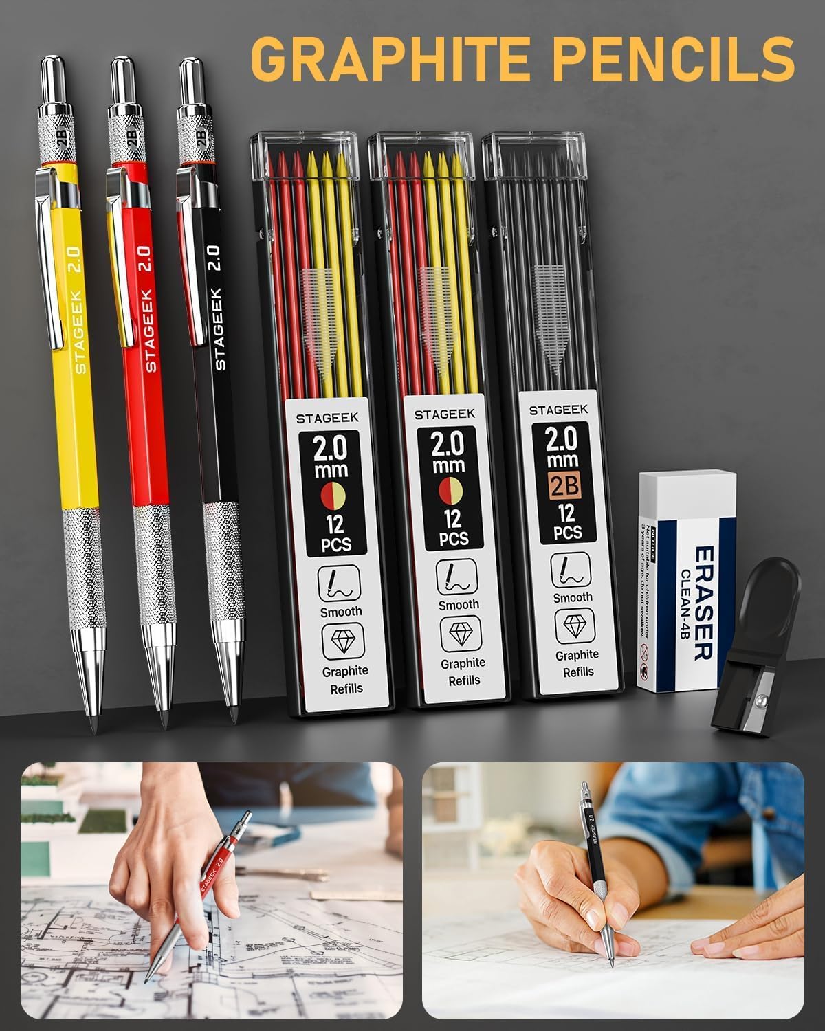 22 Pack Carpenter Pencil Set with Sharpener, Mechanical Carpenter Pencils with 60 Refills, Deep Hole Long-Nib Marker Pens, Carbide Scribe Tool & Construction Pencils for Architect with Case