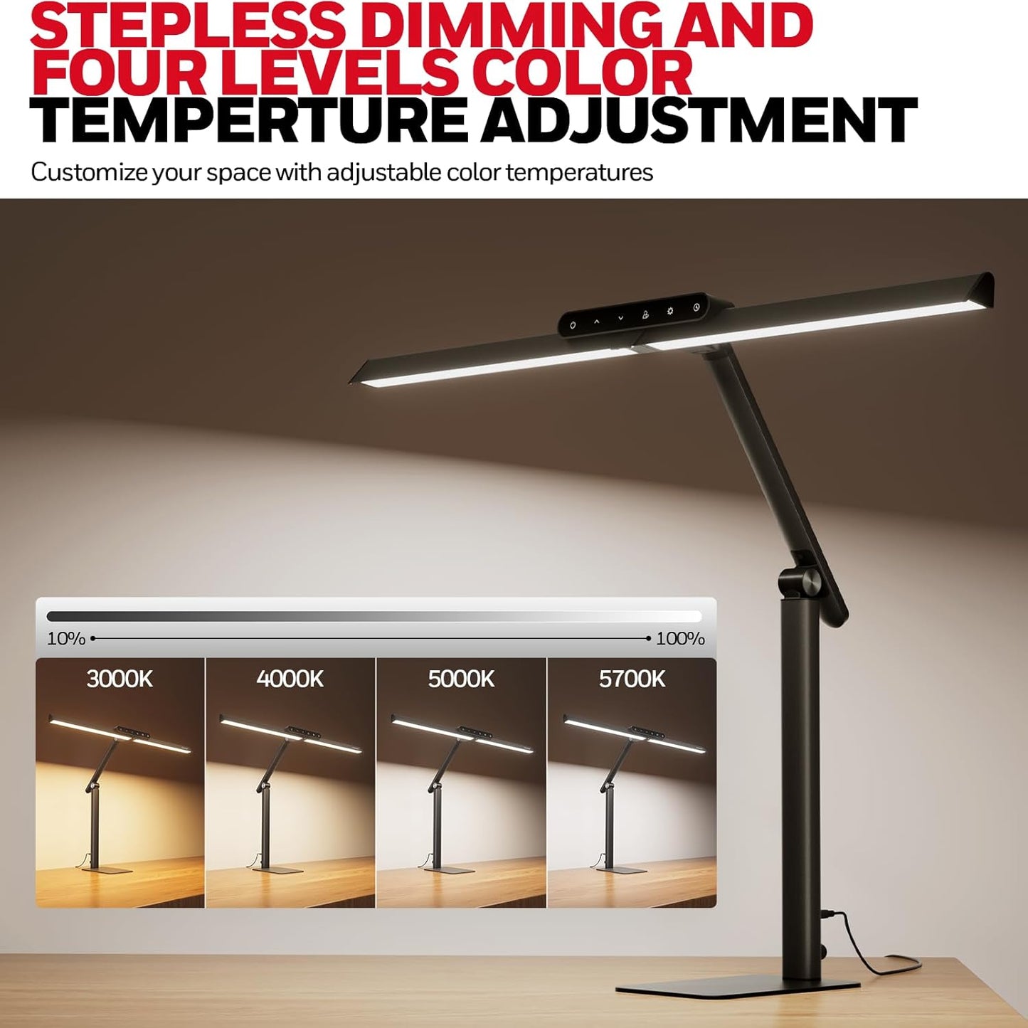 Honeywell LED Desk Lamp with Base - HJ1BK Sunturalux Eye-Caring Architect Desk Lamp for Home Office, 1200LM Computer Desk Light 4 Color Modes Stepless Dimming Task Desk Light with Timer Function Black