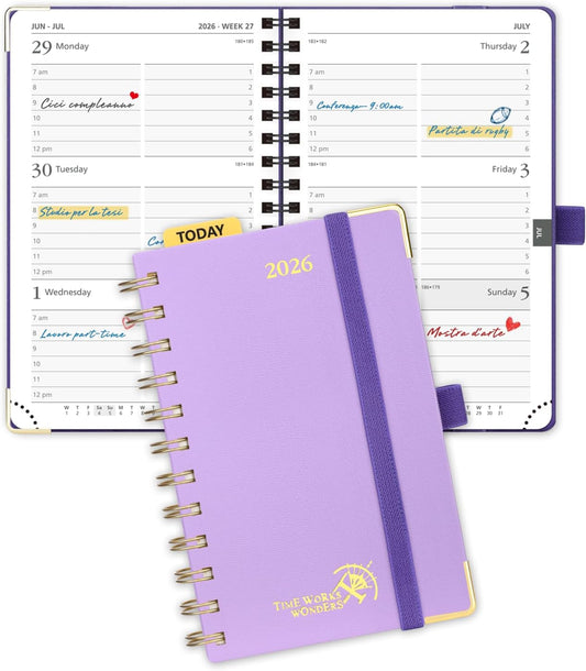 POPRUN 2026 Planner (Pocket Size 4''x 6.25'' Wire-Bond Hard Cover) Calendar Weekly and Monthly (Jan.2026-Dec.2026) Small Planner with Hourly Time Slots, for Purse, 100 GSM - Violet