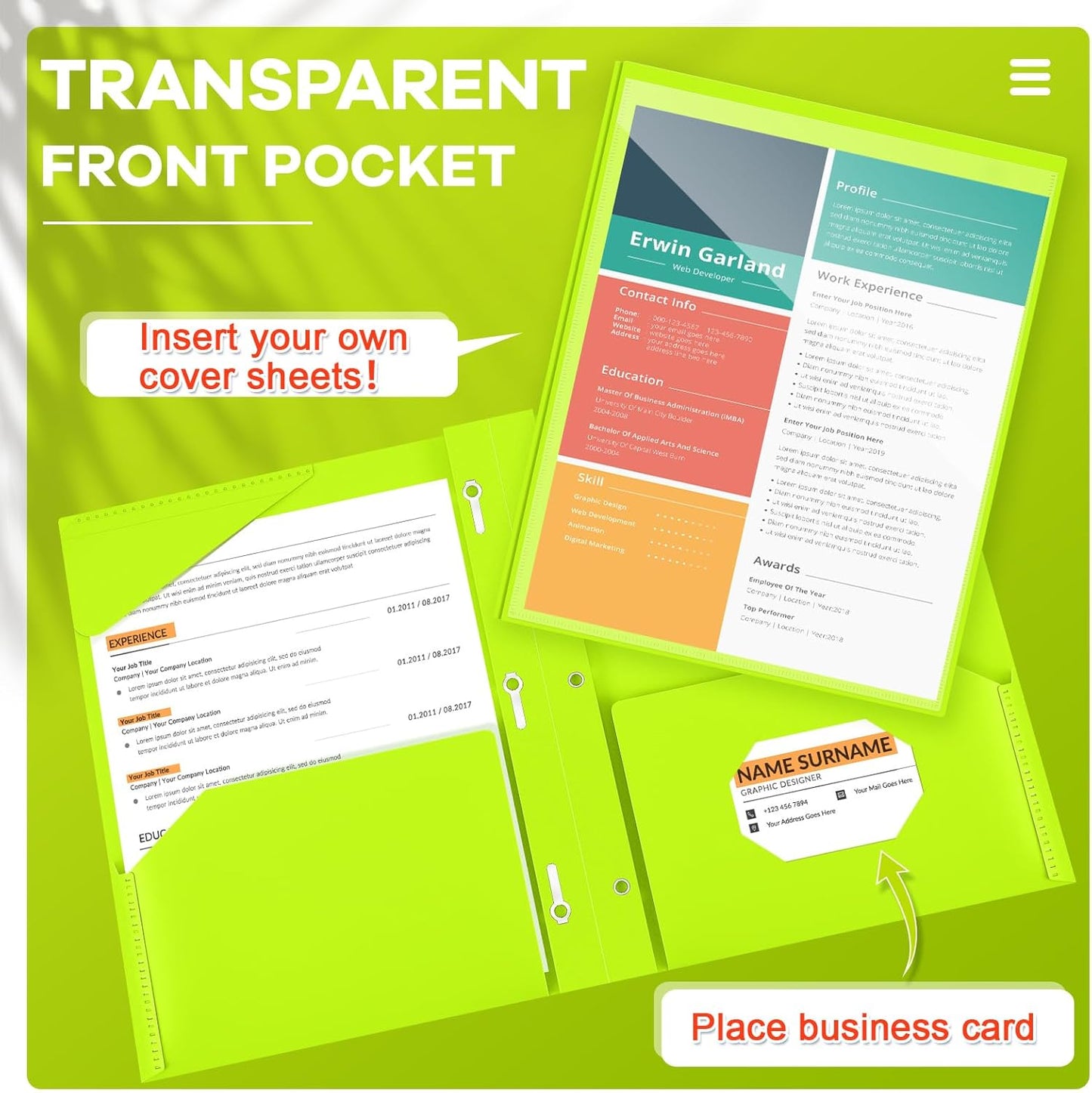 Henoyso 72 Pcs Plastic Folder with Clear Front Pocket and 3 Prong Plastic Folders with Card Slot Pocket Folders with Prongs for School Office (Fluorescent Green)