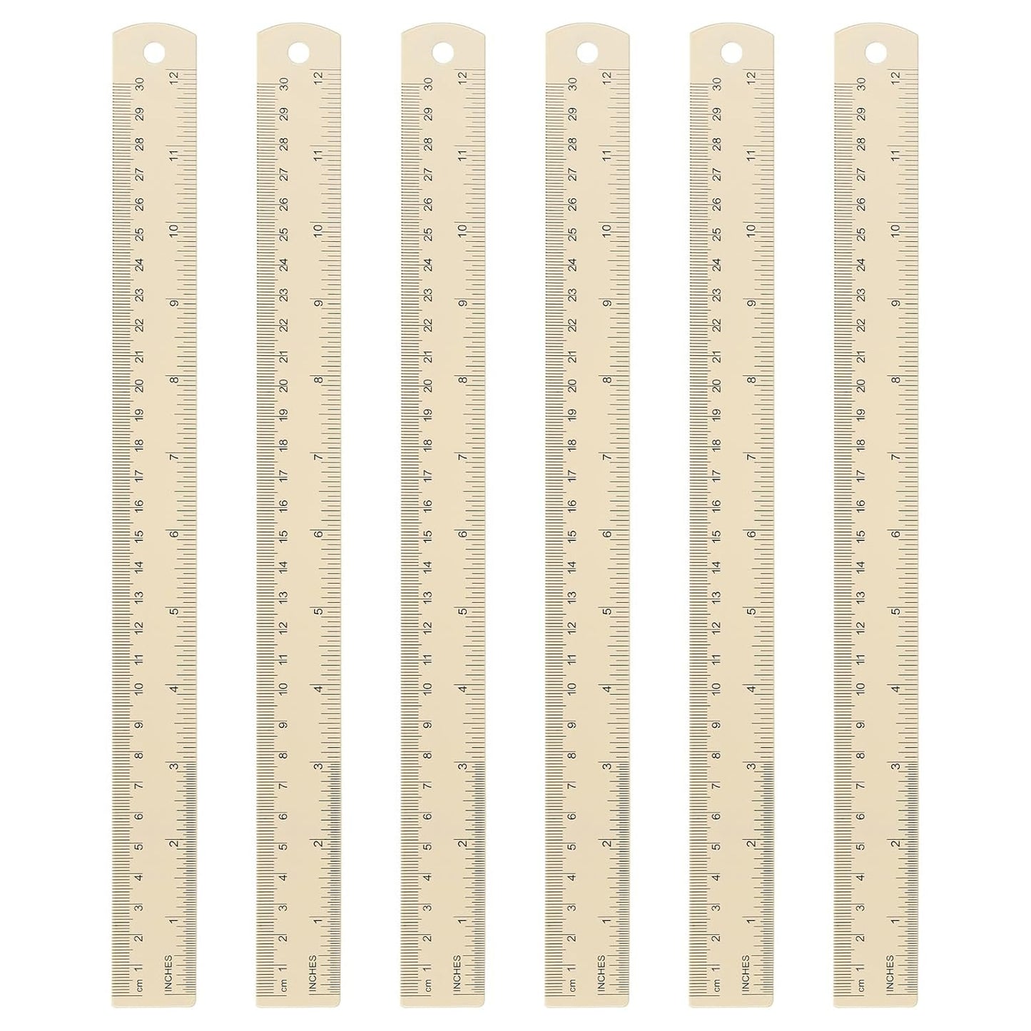 HARFINGTON 6pcs Metal Straight Ruler 30cm Metric SAE Aluminum Alloy Measuring Rulers Scale Tool with Hole for Measure Study Reading Classroom Office, Beige