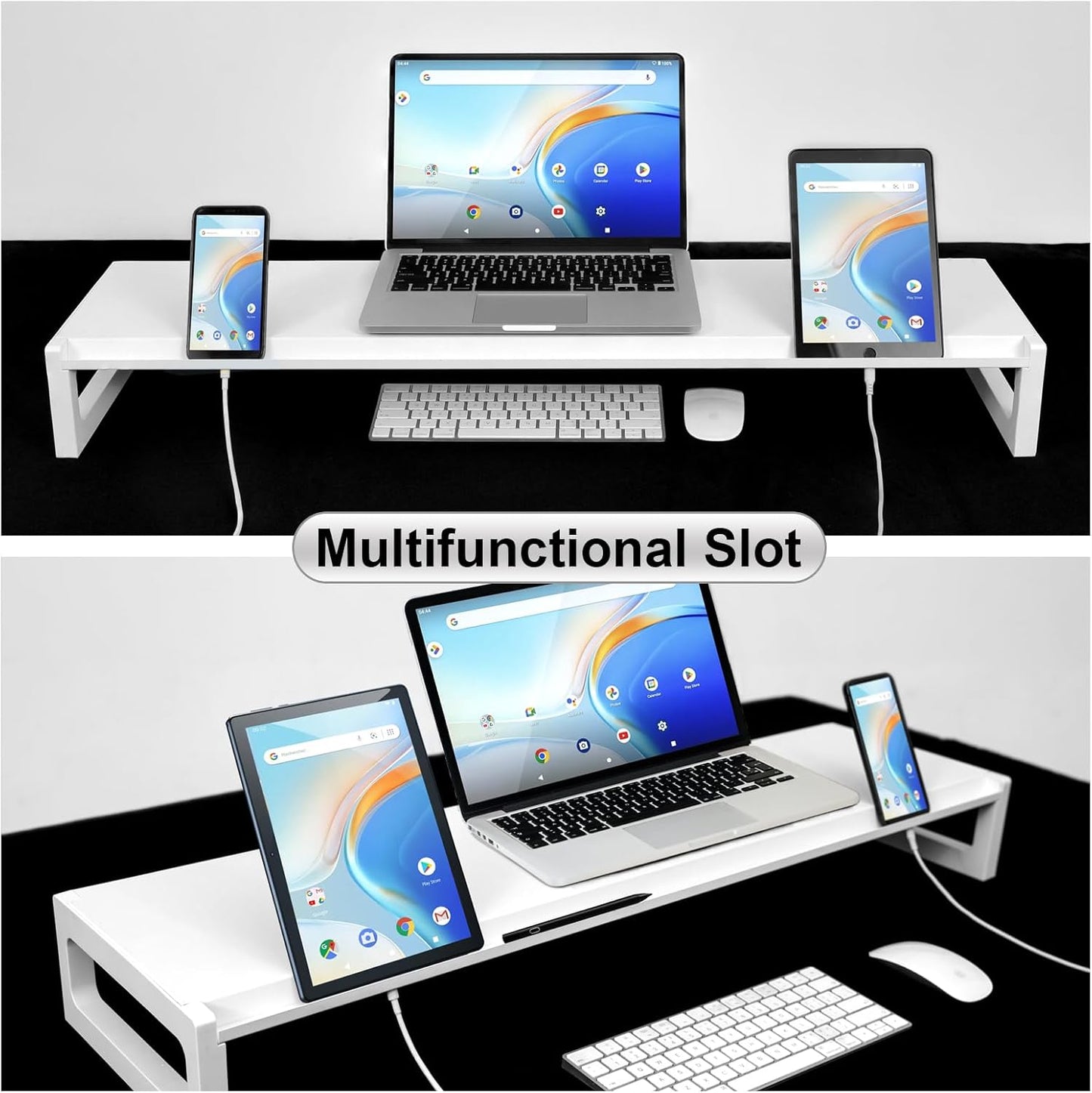 Dual Monitor Stand Riser – 36-Inch Computer Monitor Stand with Multifunctional Slot for 2 Monitors, Multi-Purpose Desktop Storage for Laptop, Printer, TV