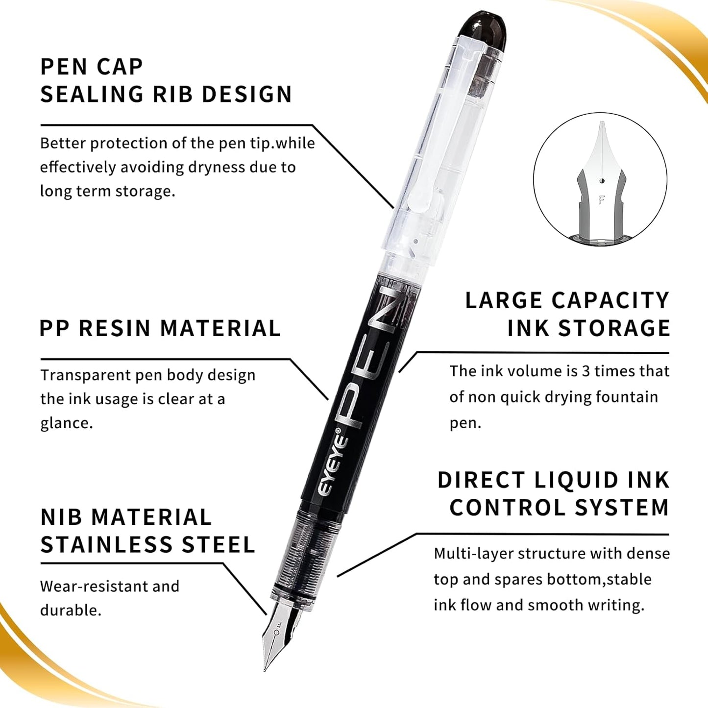 EYEYE Disposable Fountain Pens Fine Point, 8 Pack Black Pens for Writing, Stainless Steel Nib, Smooth Writing for Journaling, Drafting, Sketching, Doodling & Office Supplies