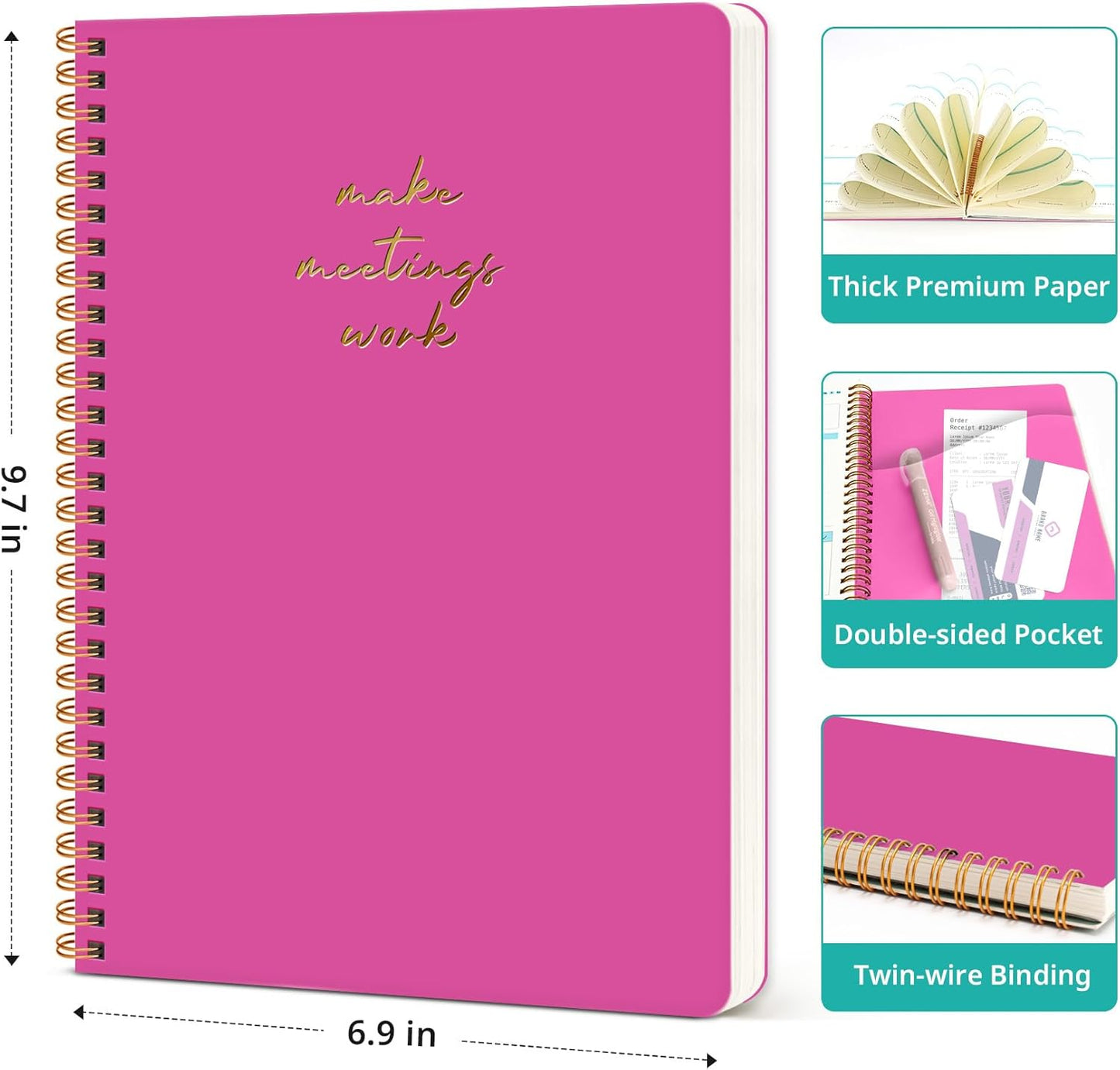 Taja Meeting Notebook for Work Organization - Work notebook with action items, Meeting Minutes Planner Notebook, Perfect Office Supplies for Men & Women - Berry Pink