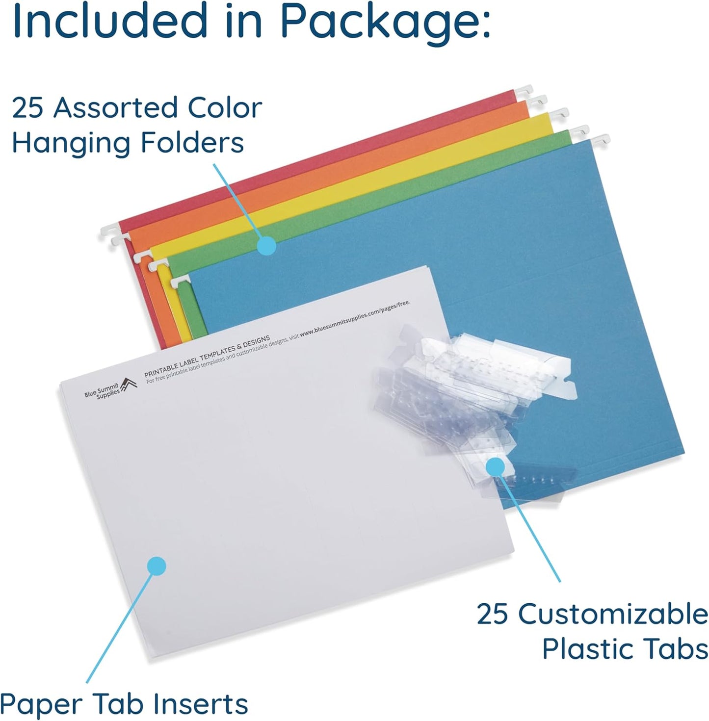 Blue Summit Supplies 25 Colored Hanging File Folders Letter Size with Tabs, Colored File Folders Hanging, Assorted Colors, Reinforced for Office Filing and Organization