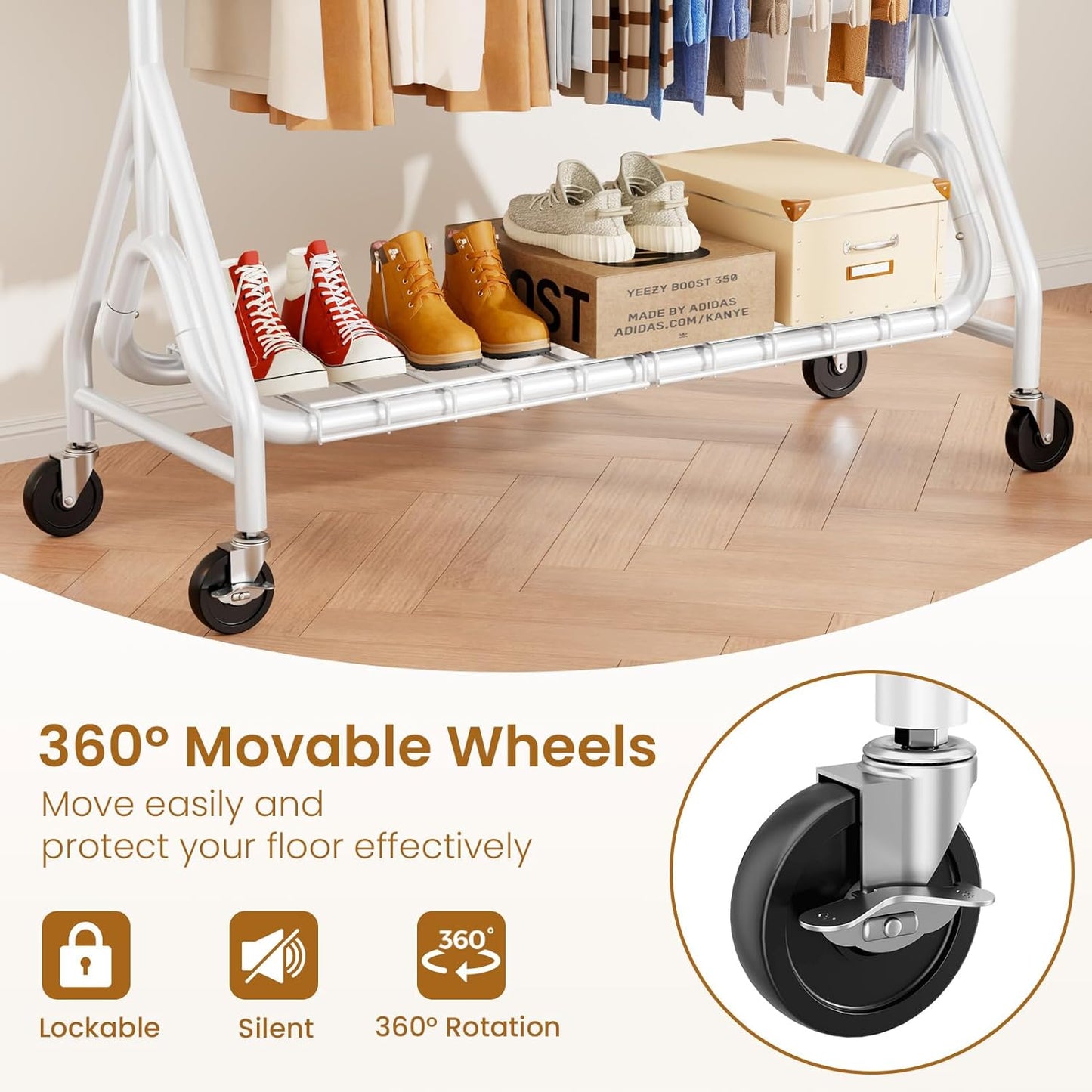 Double Rods Clothing Rack, Heavy Duty Clothes Rack for Hanging Clothes Load 560LBS, Metal Rolling Garment Racks with Wheels, Freestanding Clothes Hanging Racks, White