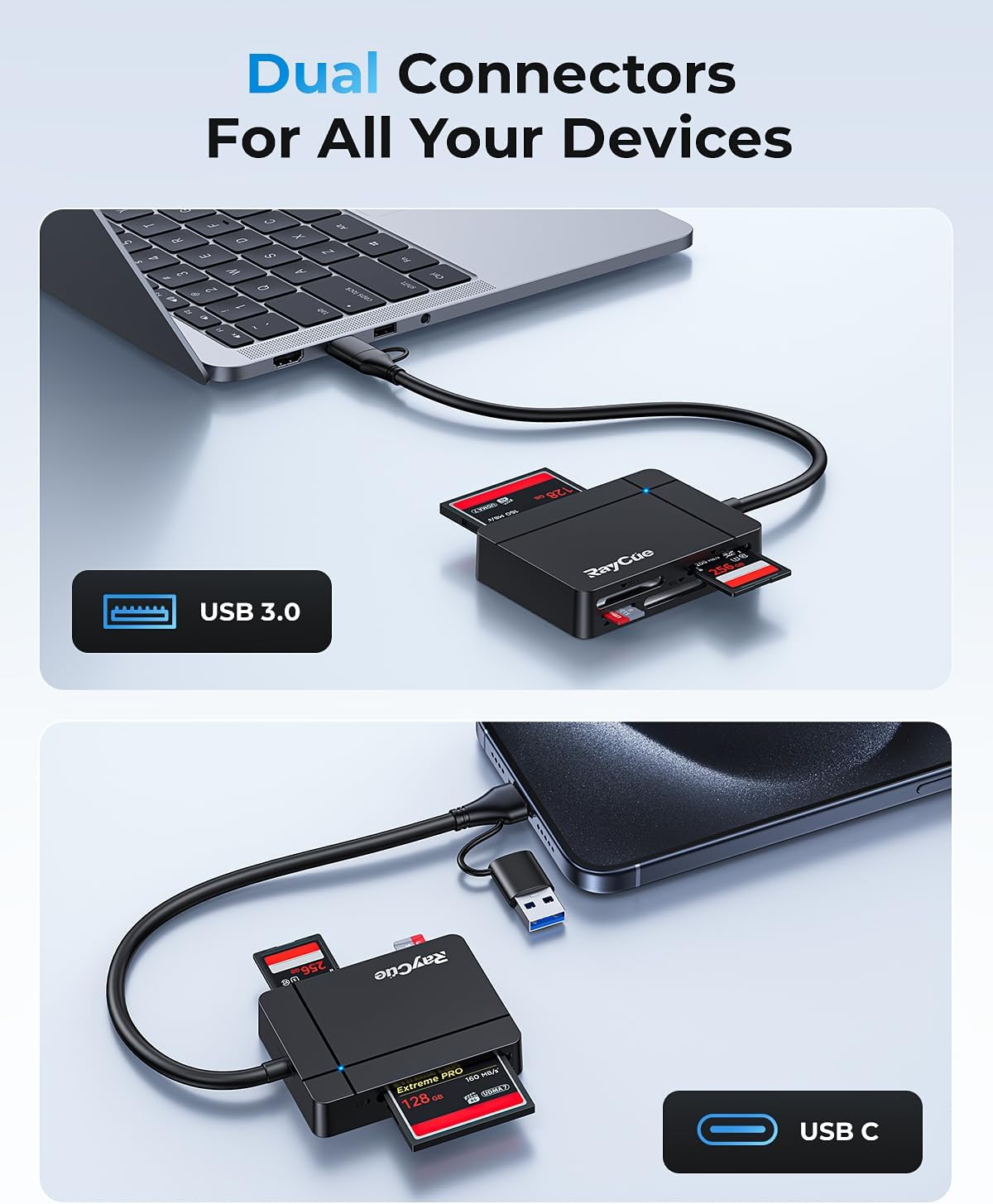 RayCue USB C USB3.0 Multi SD Card Reader, 7 in1 Memory Card Reader for SD/TF/CF/XD/MS, Drive Free for iPhone 15 pro/max, MacBook Pro/Air 2023, iPad Pro, iMac, S23, XPS 17, Surface Book 3 and More