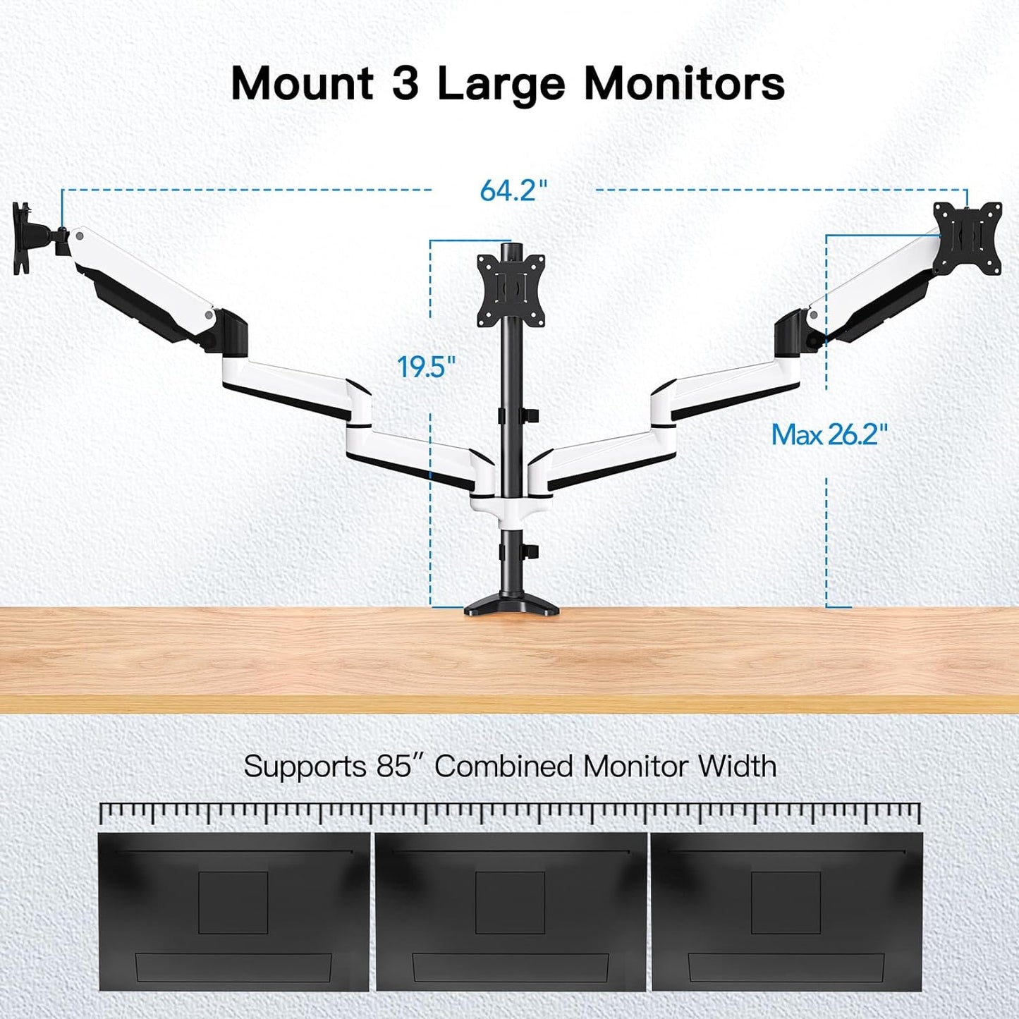 HUANUO Triple Monitor Stand - Full Motion Articulating Gas Spring Monitor Mount Fit Three 17 to 32 inch LCD Computer Screens with Clamp, Grommet Kit