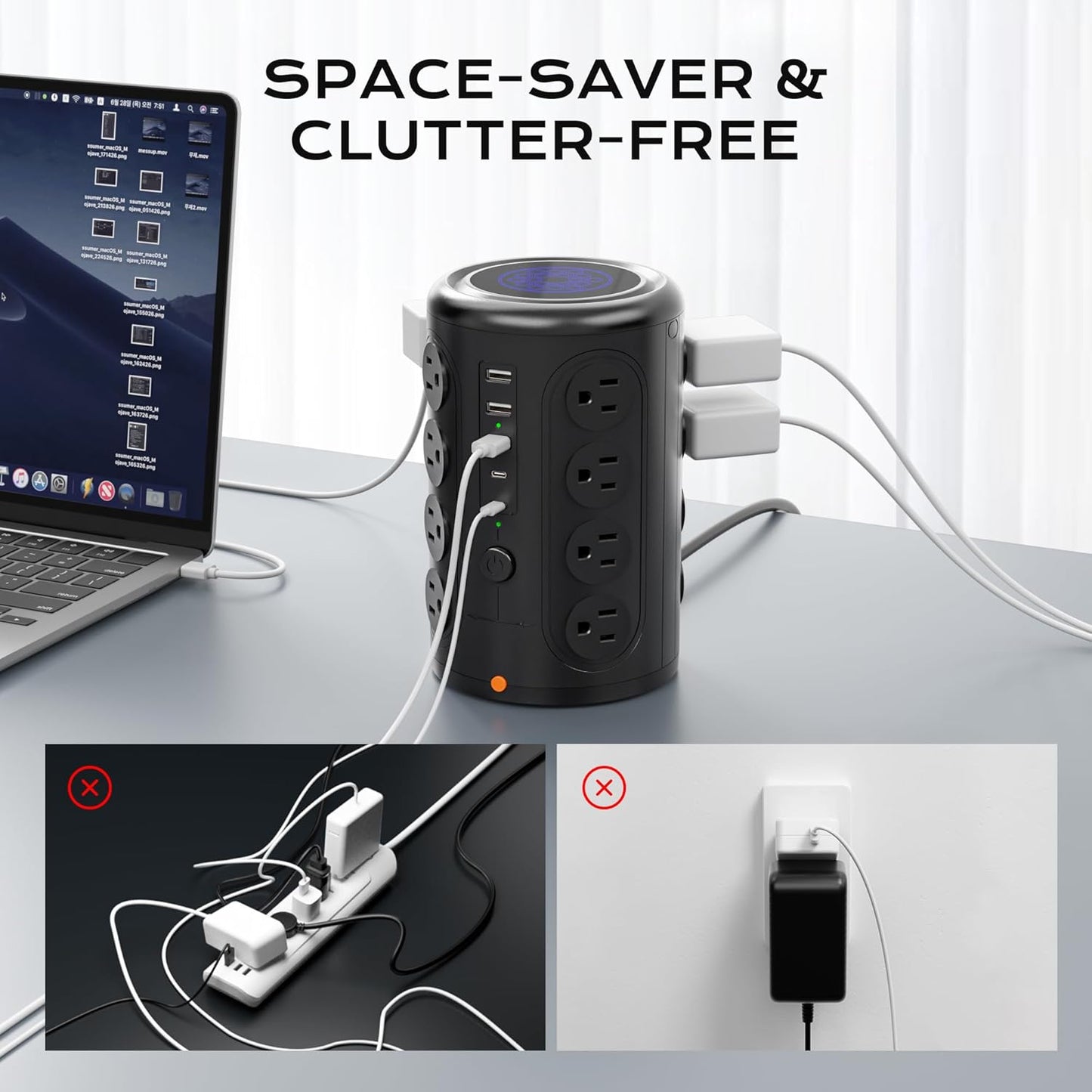 Heavy Duty Power Strip Tower with 16 Outlets and 5 USB Ports (2 USB-C), TenTrend 1500J Surge Protector with Multiple Outlets, 6 FT Extention Cord for Home Office Desk, Dorm Room Essentials Black