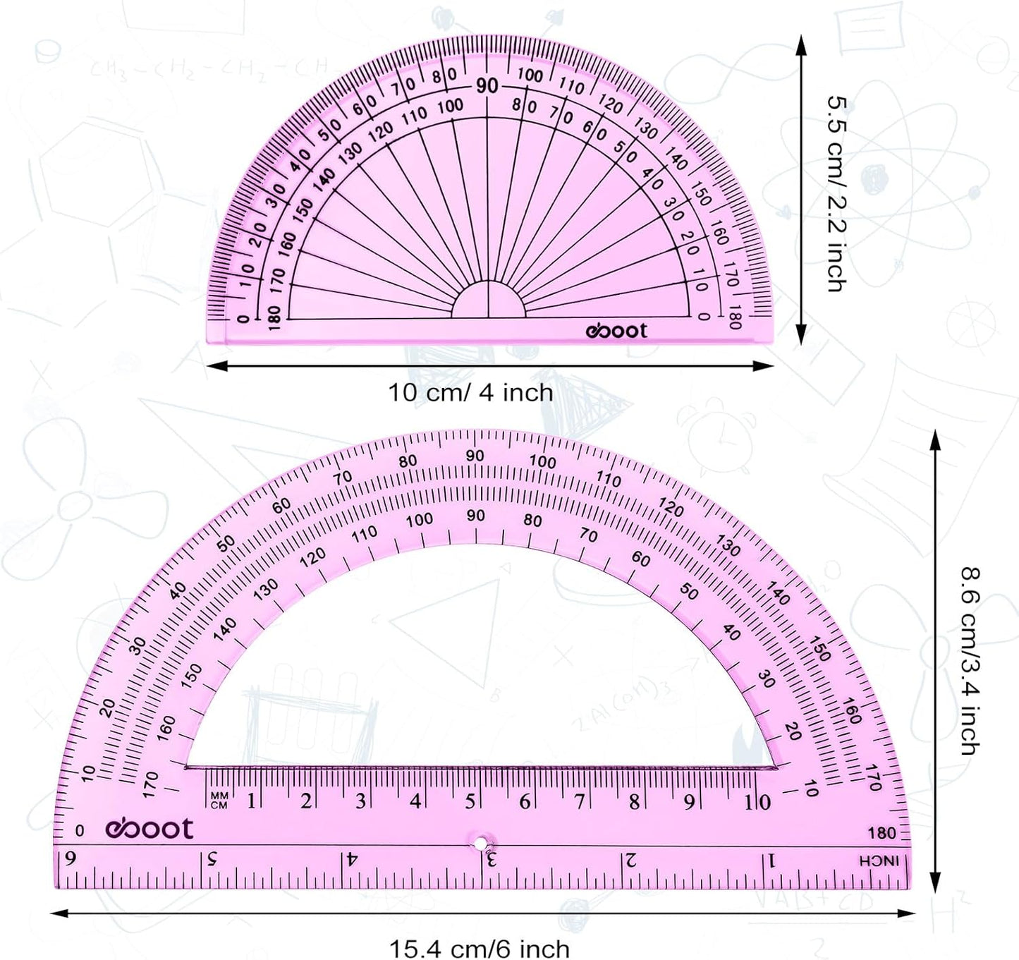 EBOOT 2 Pcs Plastic Protractor Clear 180 Degrees Transparent Protractor for Geometry, 4 Inch and 6 Inch(Pink)