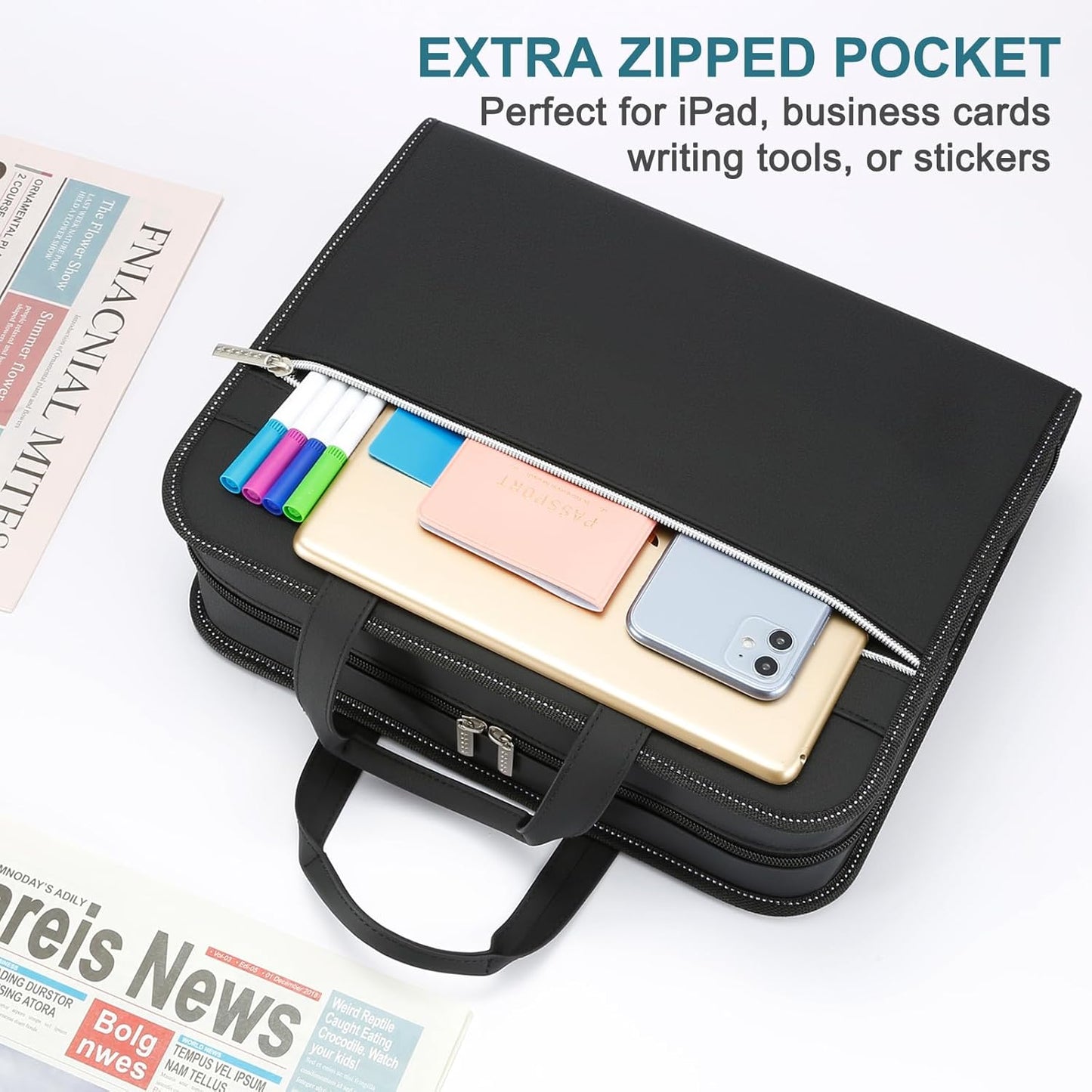 SEEKIND PU Leather Accordian File Organizer 26 Pockets, Expanding File Folder with Handle, Portable Document Organizer Accordion File Keeper for Letter Size / A4 File, for Office, School-Black