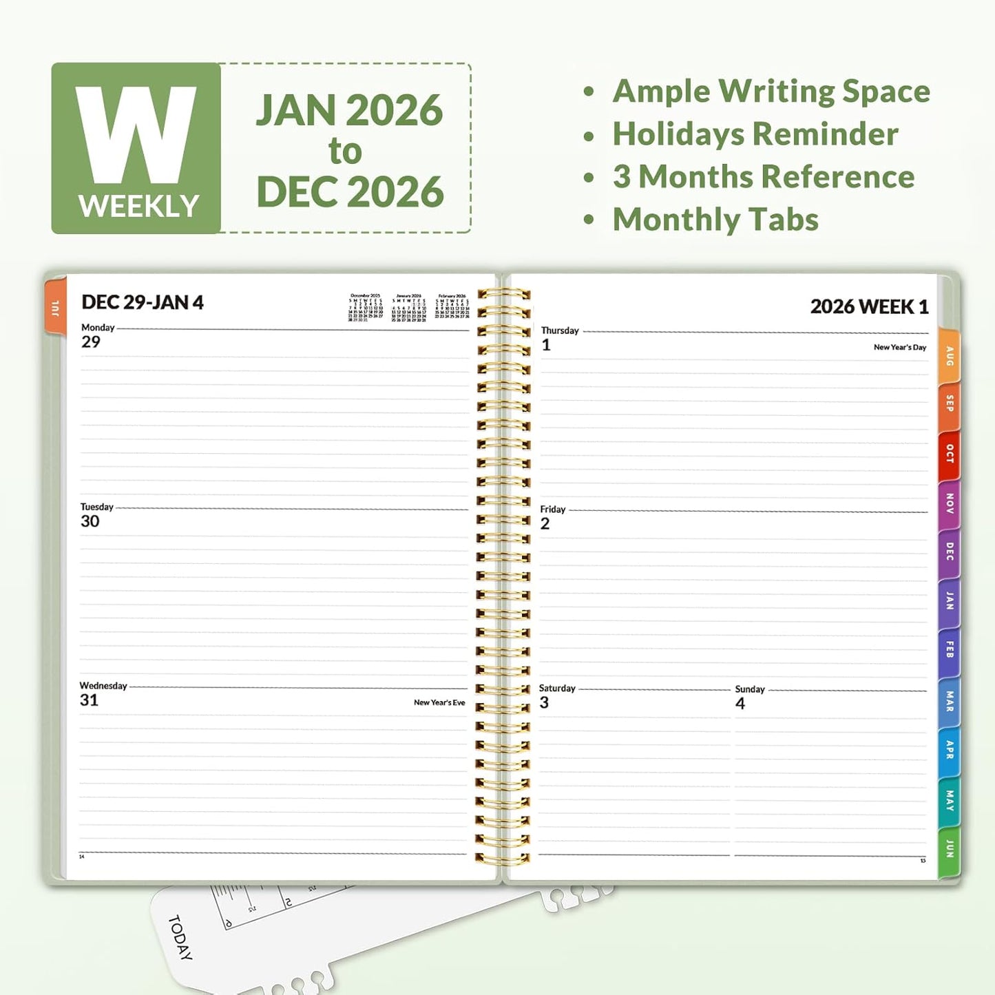 SUNEE 2026 Weekly and Monthly Planner - from January 2026 - December 2026, 8.5"x11" Daily Agenda Planner with Monthly Tab, Flexible Cover, Note Pages, Pockets, Bookmark, Spiral Binding, Sage Green