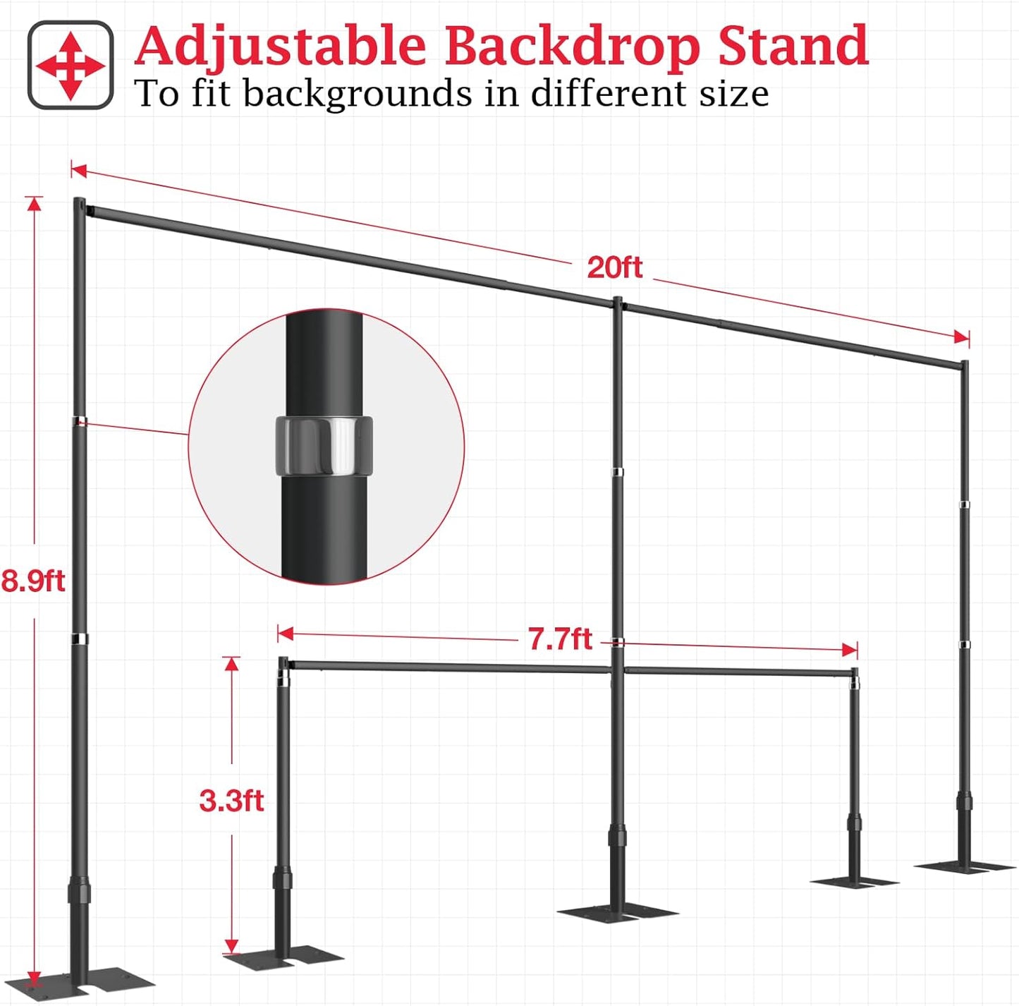 EMART Backdrop Stand Heavy Duty 8.9ftx20ft, Adjustable Pipe and Drape Photo Background Support Kit, Metal Frame with Flat Base for Wedding Birthday Party Banquet Decorations-Black