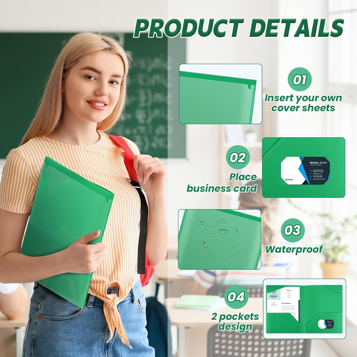 Henoyso 36 Pcs Plastic Folders with Clear Front Pockets Heavy Duty File Folders with 2 Pockets and Card Slot for Student Communication School Office Presentation Report (Green)