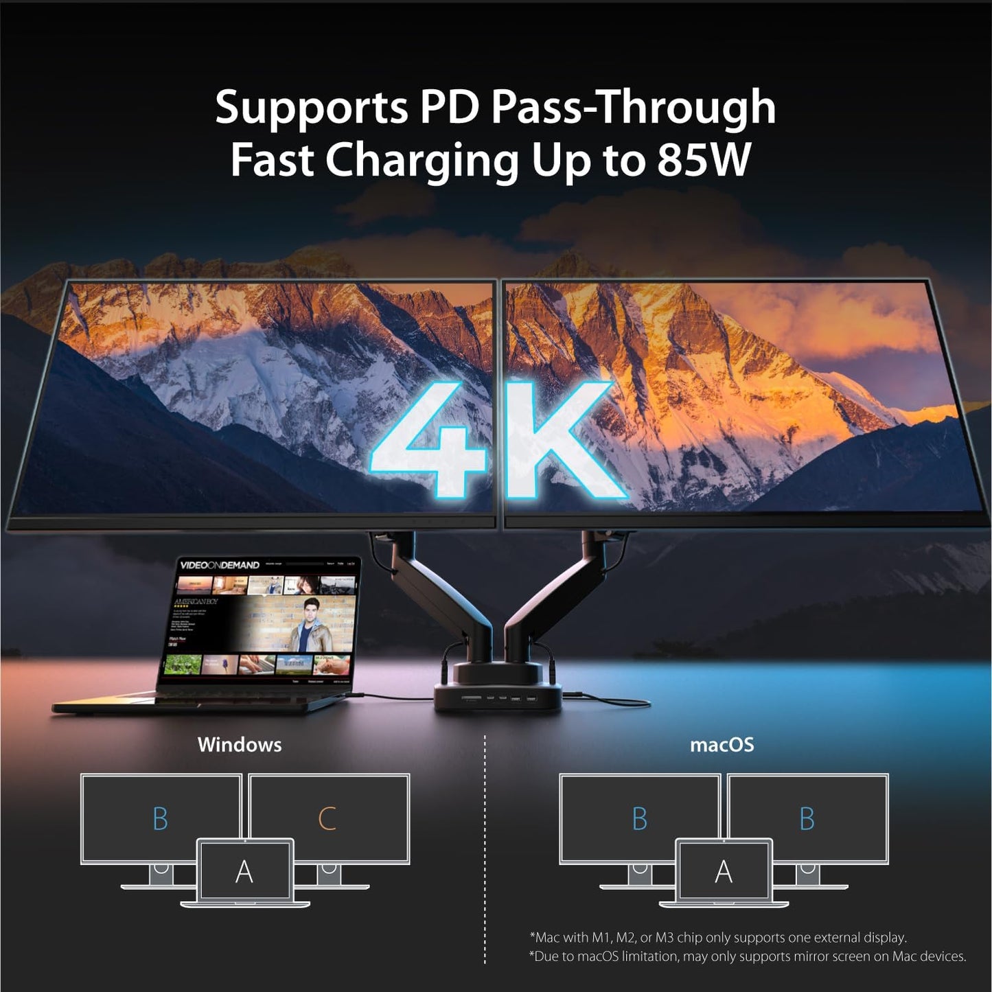 j5create Dual Monitor Mount with 10-in-1 Docking Station, Fully Adjustable Monitor Desk Stand for 2 Screens up to 32 inch, Conveniently Set Optimal Angle and Maximize Productivity (JTSA302)
