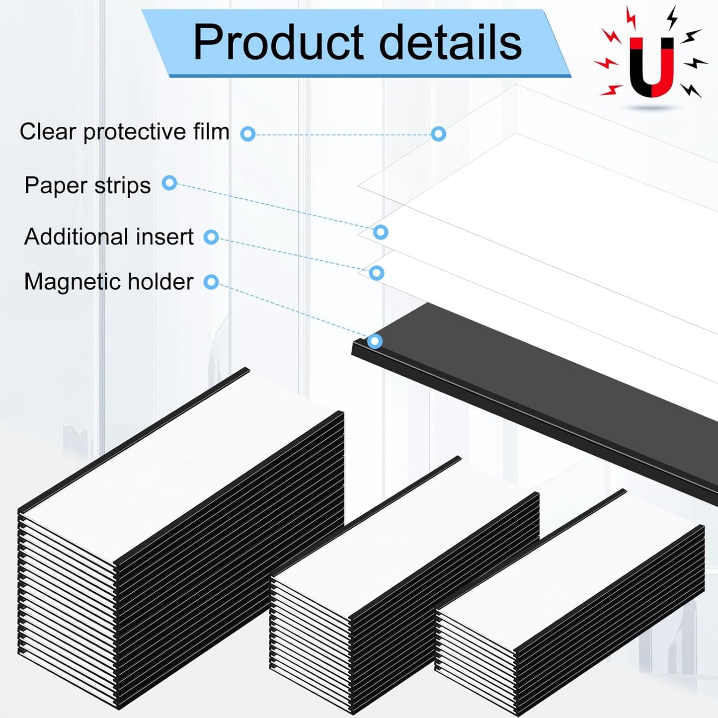 100 Pcs 6" x 2" Magnetic C Channel Label Holders with Replacement White Paper and Clear Plastic Films, Magnetic Cards Name Tags for Rack Shelf Warehouse Labels Accessories