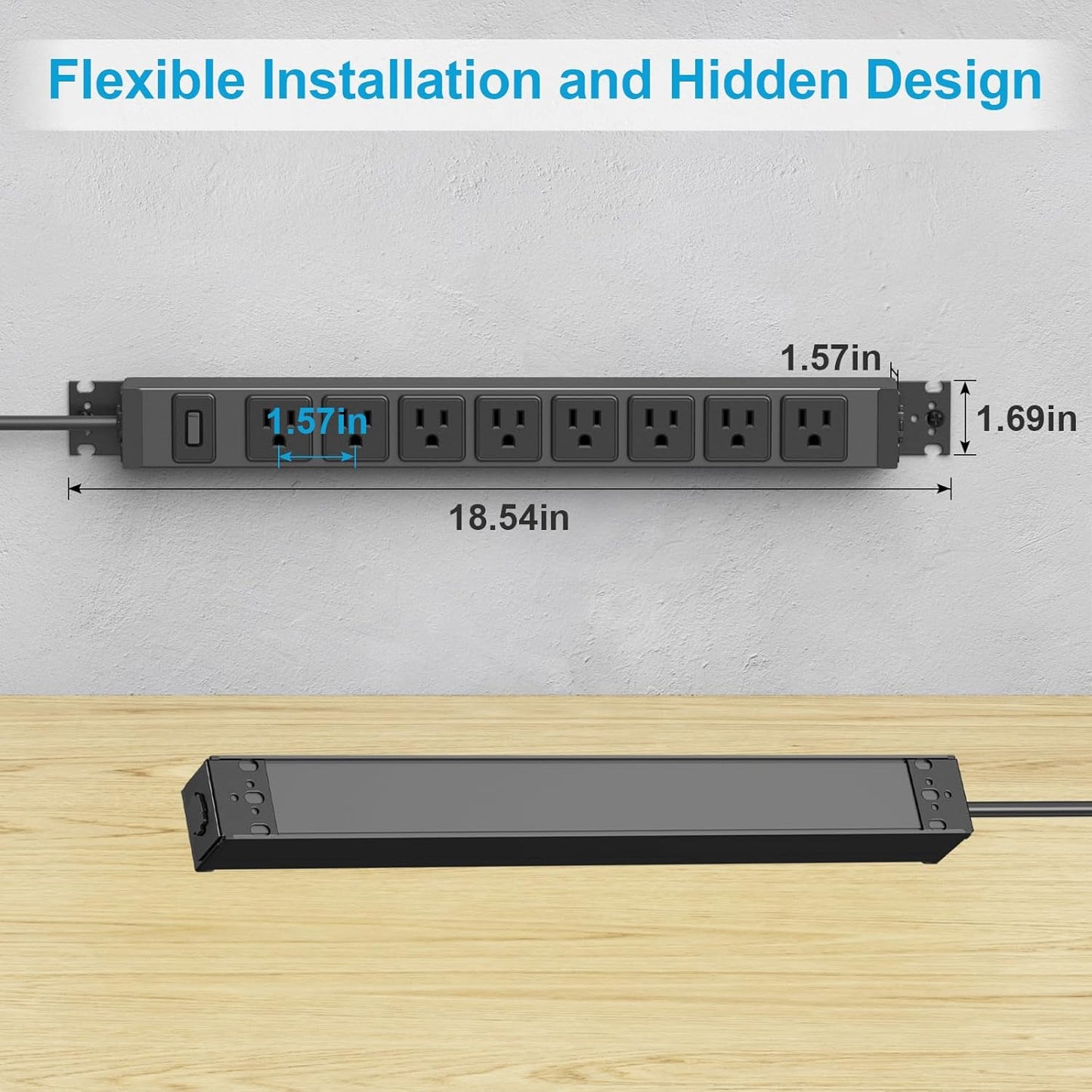 HHSOET Metal 360° Rotating Mountable Power Strip, 8 Outlet Gaming Table Mounted Outlet Strip, Heavy Duty Wall Mount Surge Protector with Switch, 15A 125V 1875W, 15ft Power Cord.(Black)