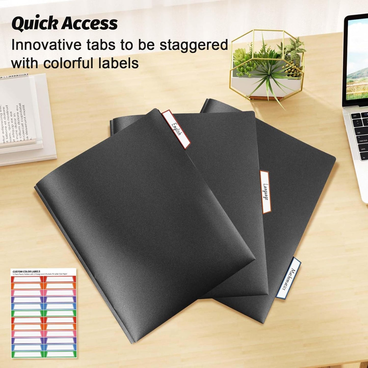 Plastic Folders with Pockets and Prongs,12 Pack 2 Pocket Folders with 3 Fasteners,Upgrade Tabs,Heavy Duty Pocket Folder with Brad, Black Folders with Card Slot,Colorful Labels,Letter Size