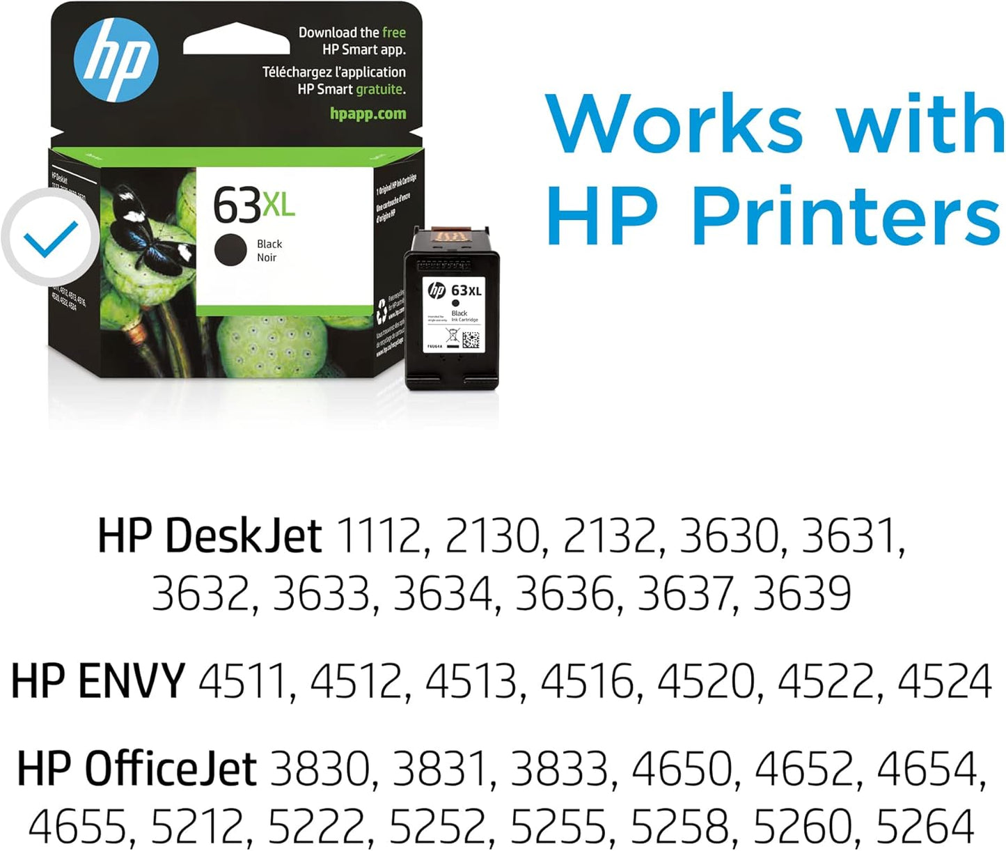 HP 63XL Black High-yield Ink Cartridge | Works with HP DeskJet 1112, 2130, 3630 Series; HP ENVY 4510, 4520 Series; HP OfficeJet 3830, 4650, 5200 Series | Eligible for Instant Ink | F6U64AN