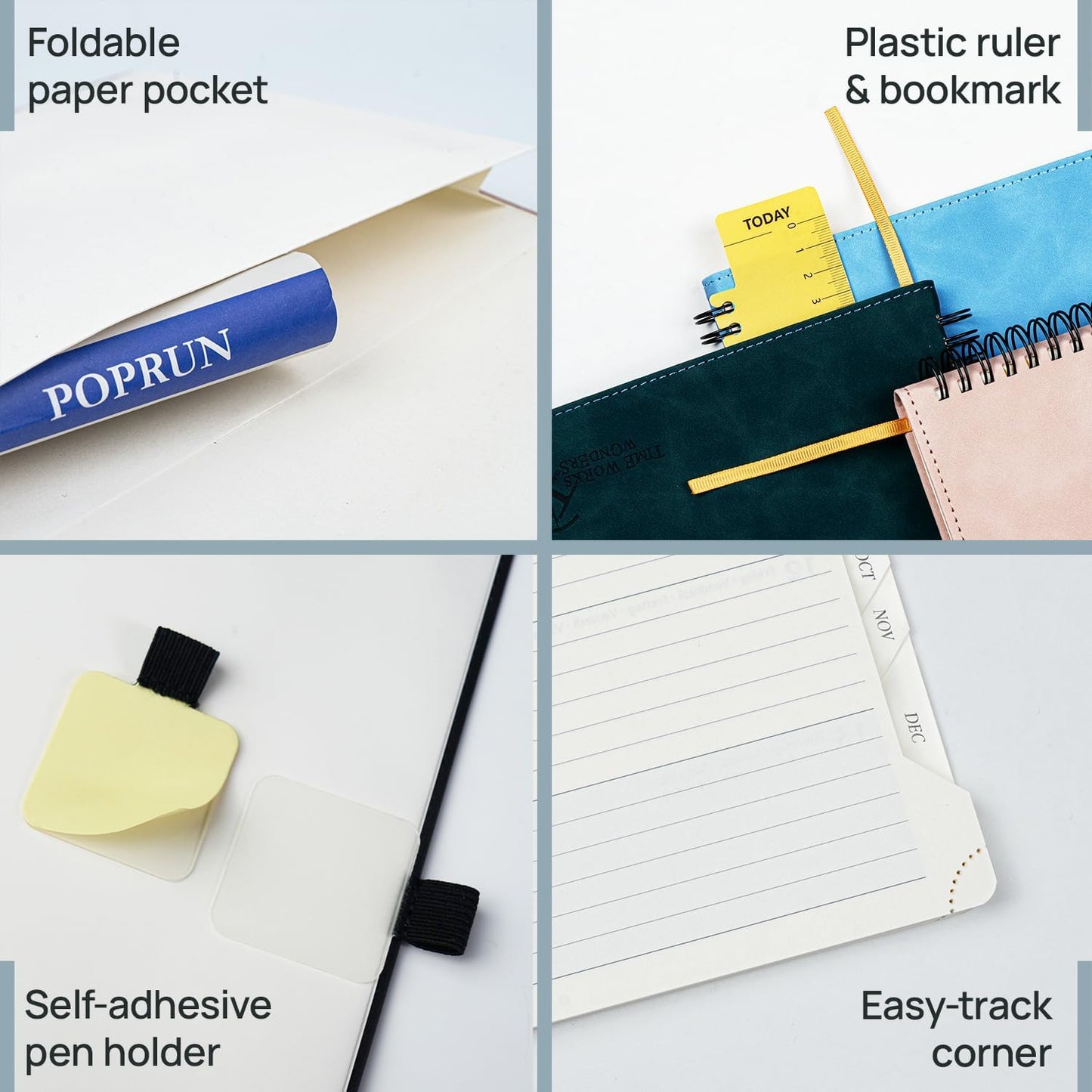 POPRUN 2026 Planner Weekly Notebook (Jan-Dec), Small Size 4''x 6.25'' - 2026 Pocket Calendar for Purse with Spiral Soft Cover, Plastic Ruler, Inner Pocket, 100 GSM - Black