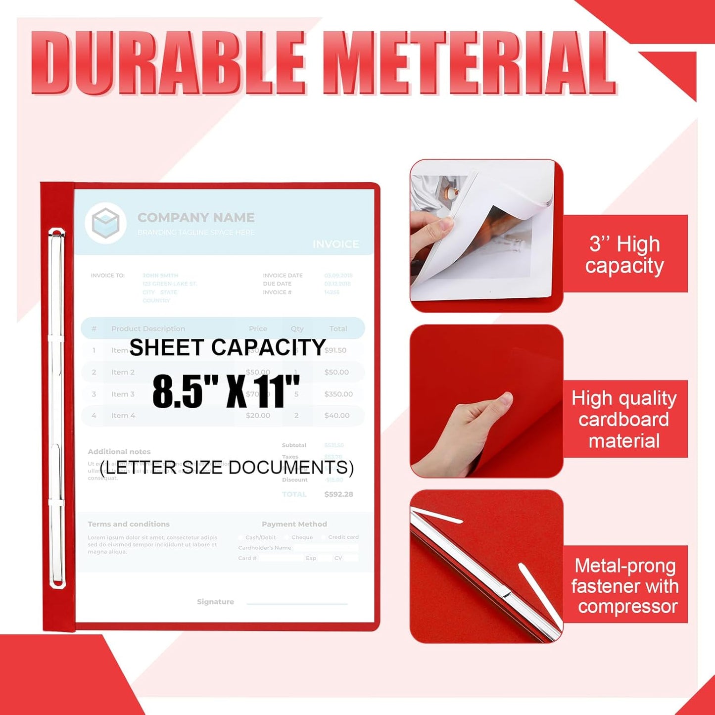 Zhanmai 15 Packs 8.5'' x 11'' Pressboard Report Covers, Metal Prong Fastener with Compressor, Letter Size 3'' Capacity Presentation Report Folder to Neatly Bind Reports, Proposals, Documents(Red)