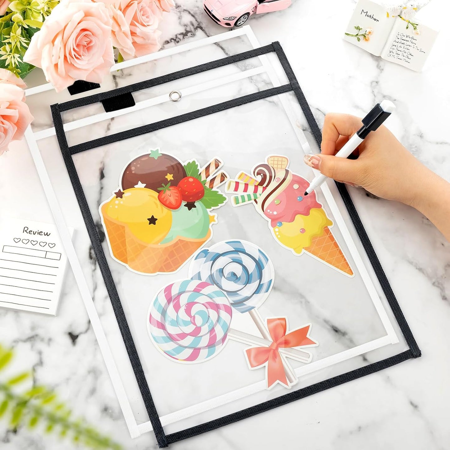 Seajan 120 Pcs Clear Dry Erase Pockets Plastic Sleeves for Paper 14 x 10 Inch Reusable Document Holder Shop Ticket Holders Dry Erase Pocket Organizer Teacher Supplies for Classroom (Black, White)