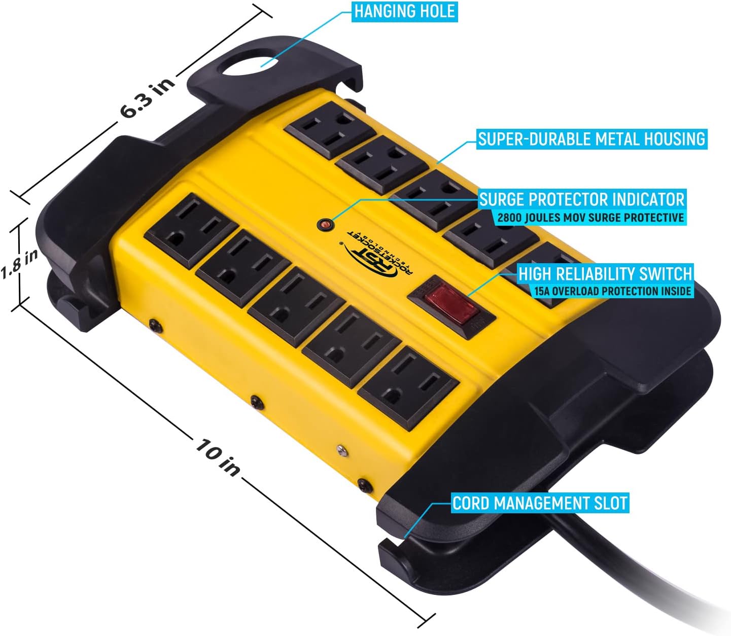 CRST Heavy Duty Surge Protector Power Strip 10-Outlet Metal Industrial Power Strip with 2800 Joules, 15A Circuit Breaker, 14 Gague 6ft Extension Cord for Workshop, Garage, Office, School…