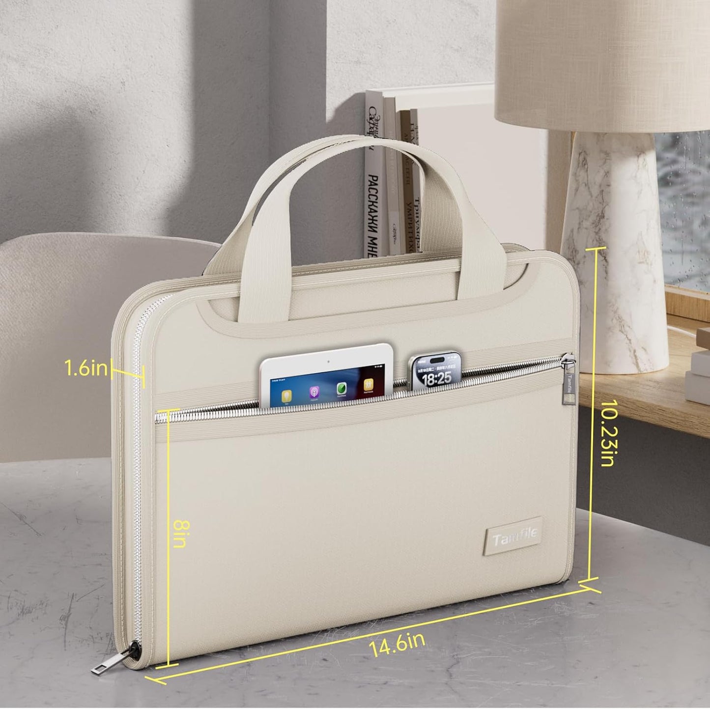 Tamfile Fireproof Accordion File Organizer with Handle, 13 Pocket Expanding File Folder with Zipper & Labels, File Folder with Multi-Pockets Paper Organizer Folder for Letter A4 Files, Beige